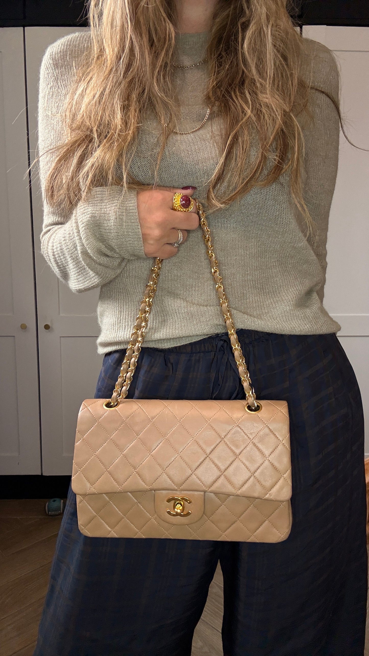 Chanel 1989 Rare Tan Lambskin Leather Classic Double Flap in Medium with 24k Gold Hardware