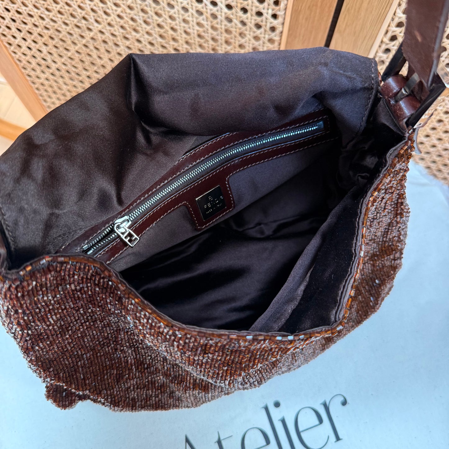 Fendi 2000 Rare Mamma Baguette Bronze - Limited Edition full glass beaded with chocolate leather