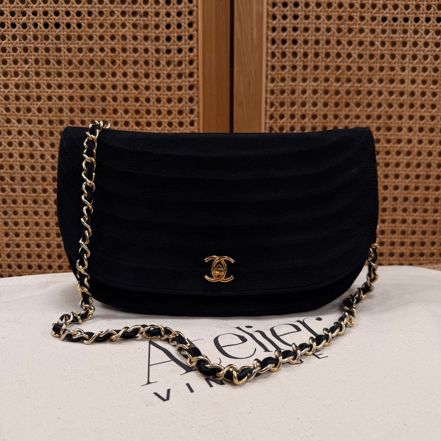 Chanel Rare early 1980s half moon quilted single flap in black suede