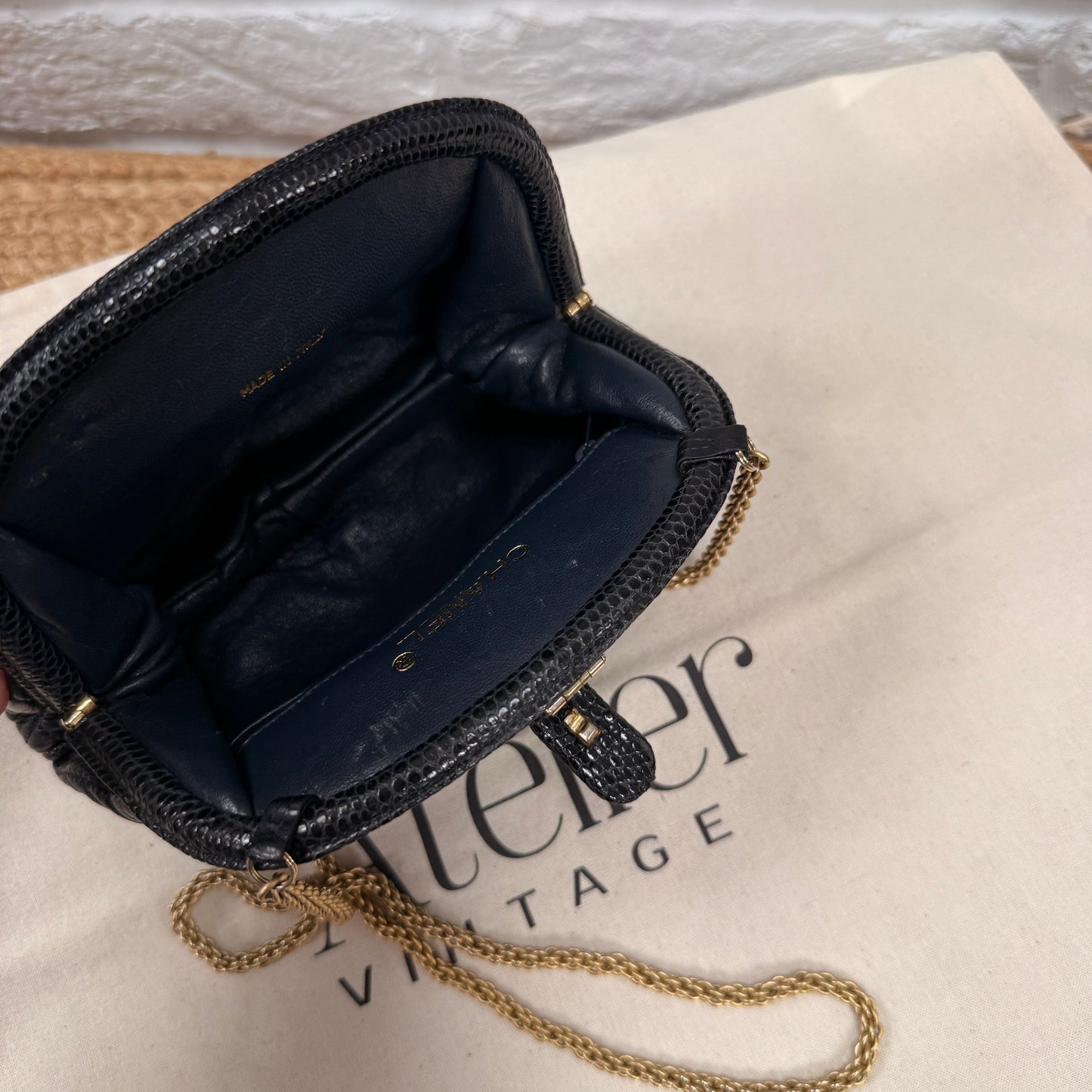 Chanel ULTRA RARE Early 1980s Navy Lambskin & Lizard Skin Kiss lock Frame Bag