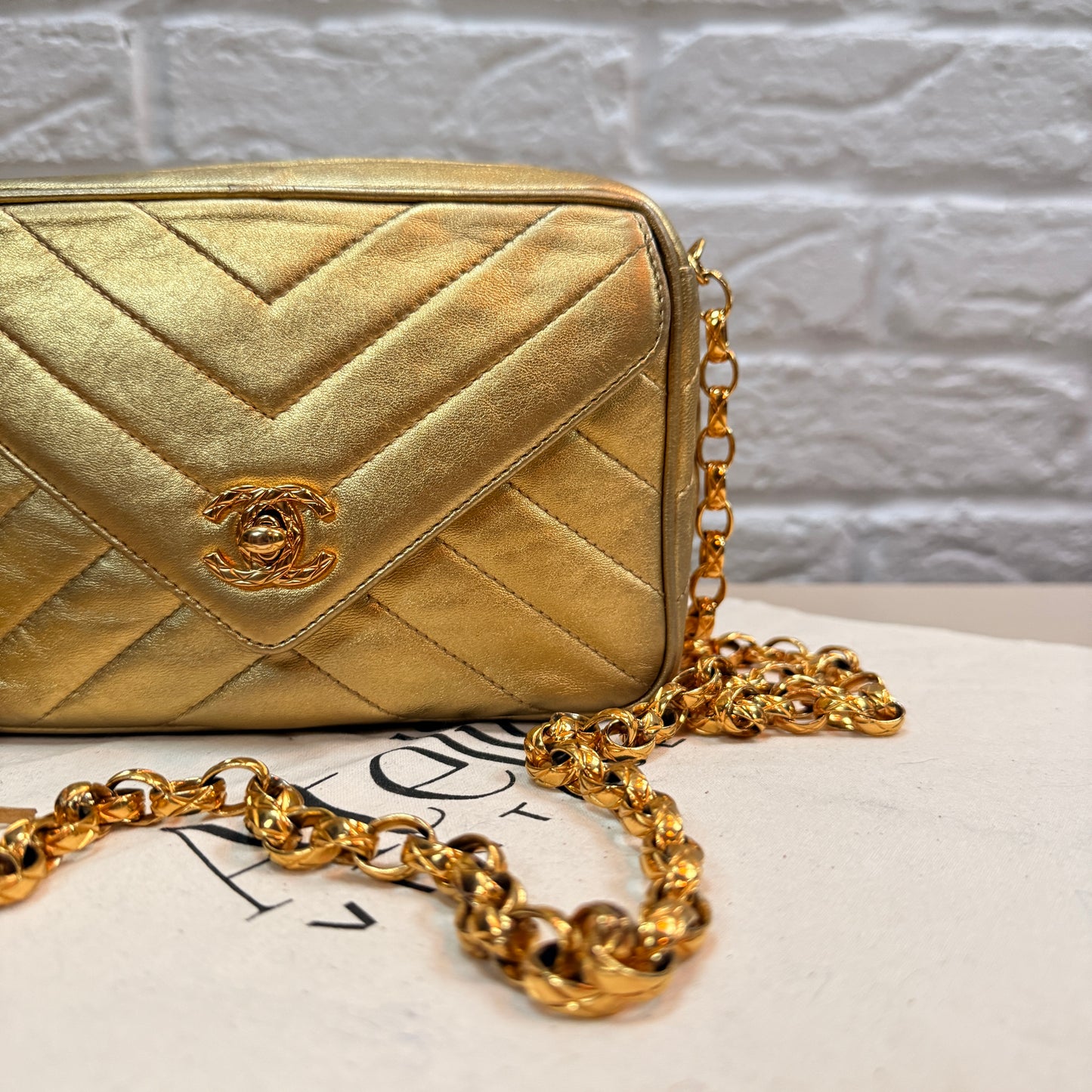 Chanel 1991 Ultra Rare Chevron Quilted Turnlock Camera Bag in Gold Lambskin Leather with 24k gold hardware