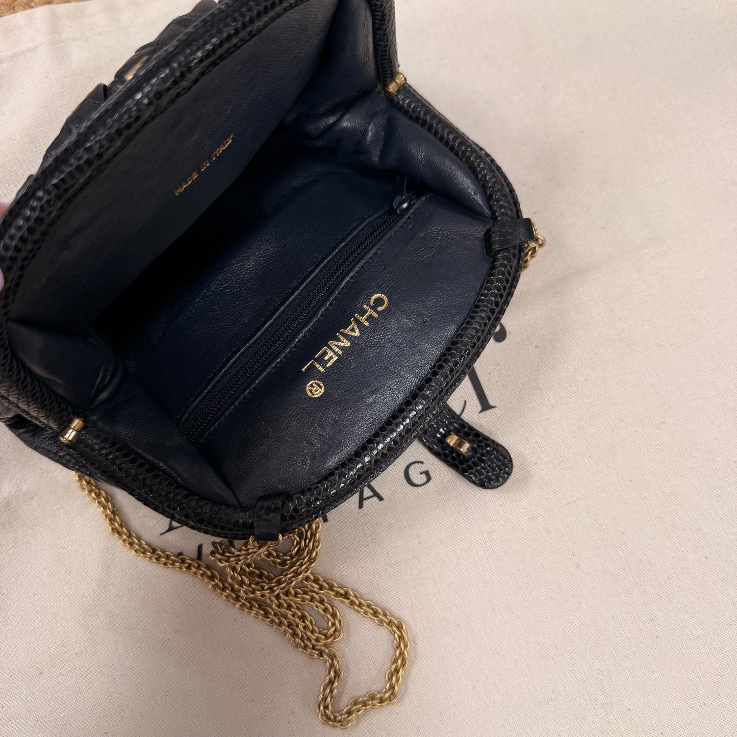 Chanel ULTRA RARE Early 1980s Navy Lambskin & Lizard Skin Kiss lock Frame Bag