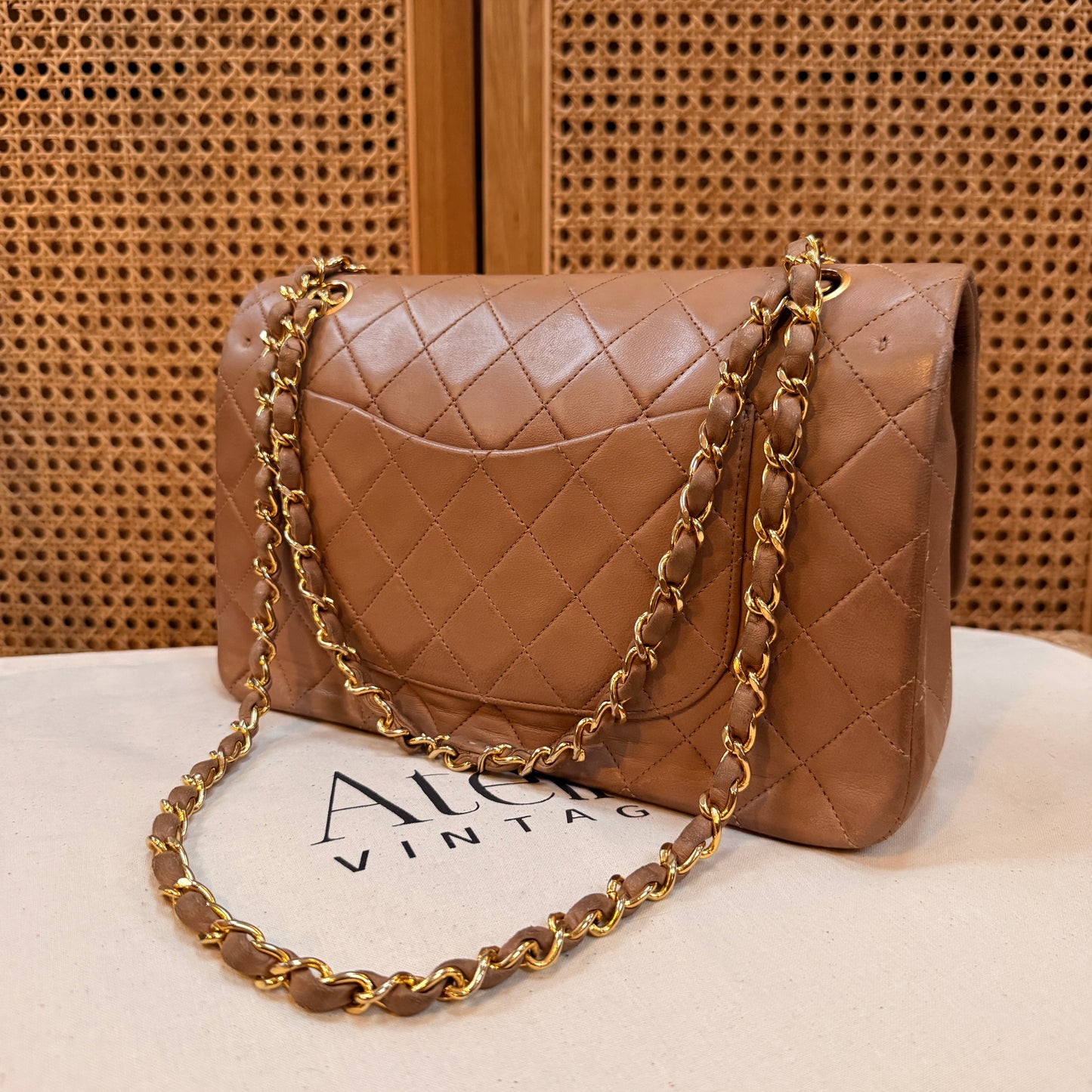 Chanel 1989 Rare Tan Lambskin Leather Classic Double Flap in Medium with 24k Gold Hardware