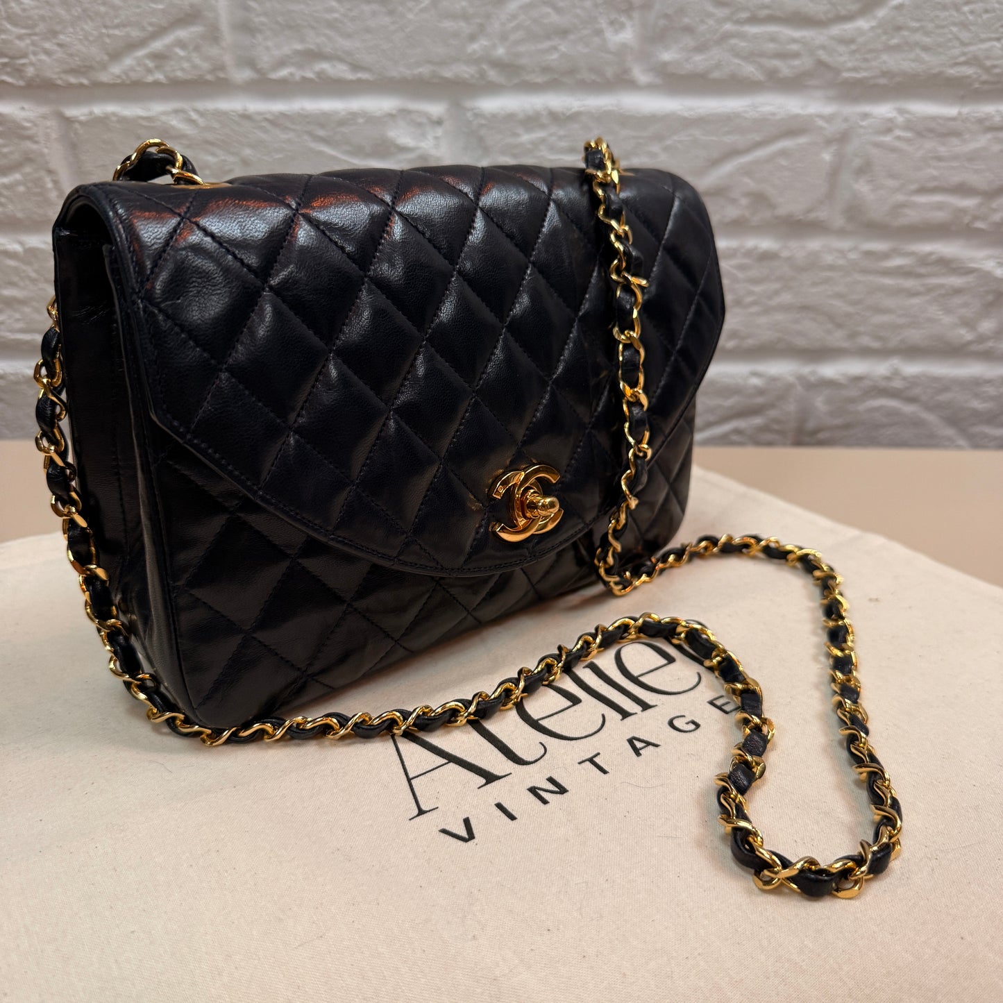 Chanel 1986 Rare Navy Lambskin Half Moon Single Flap with 24k Gold Hardware