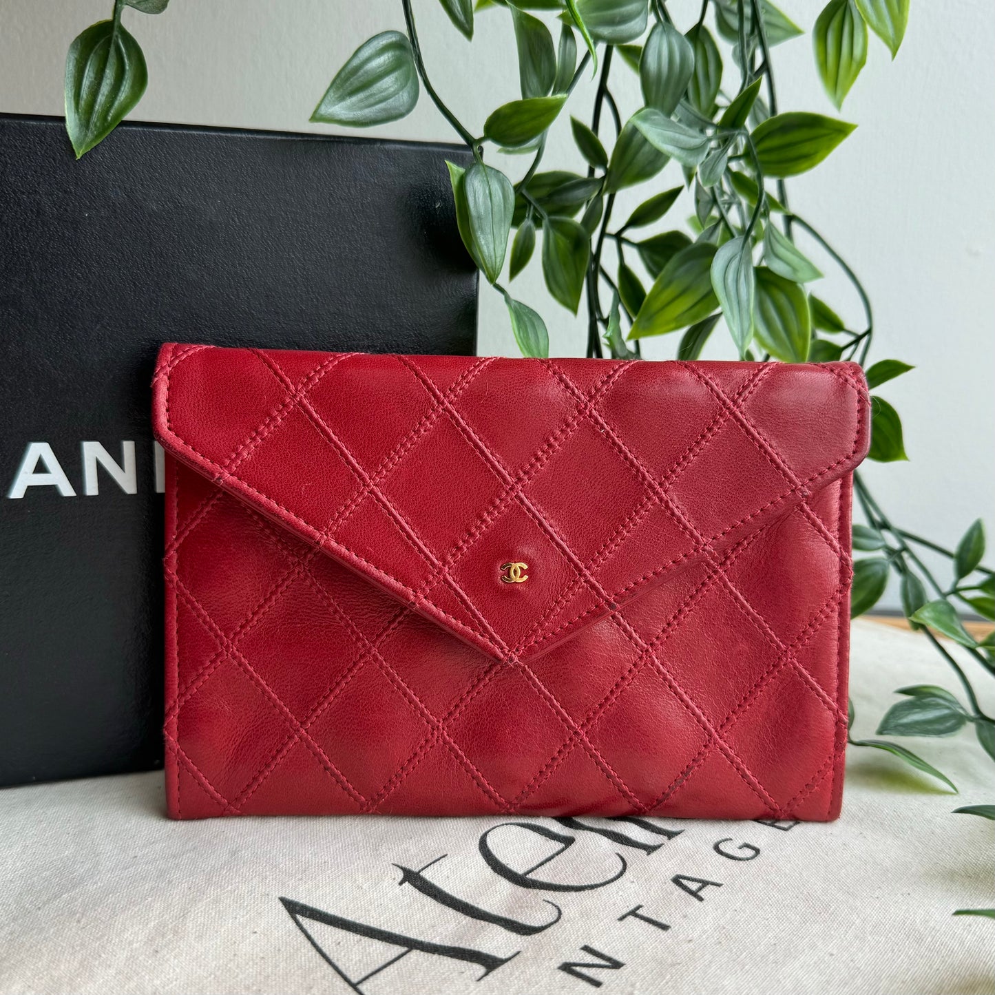 Chanel Rare Poppy Red 1991 Envelope Card & Coin Pouch Boxed