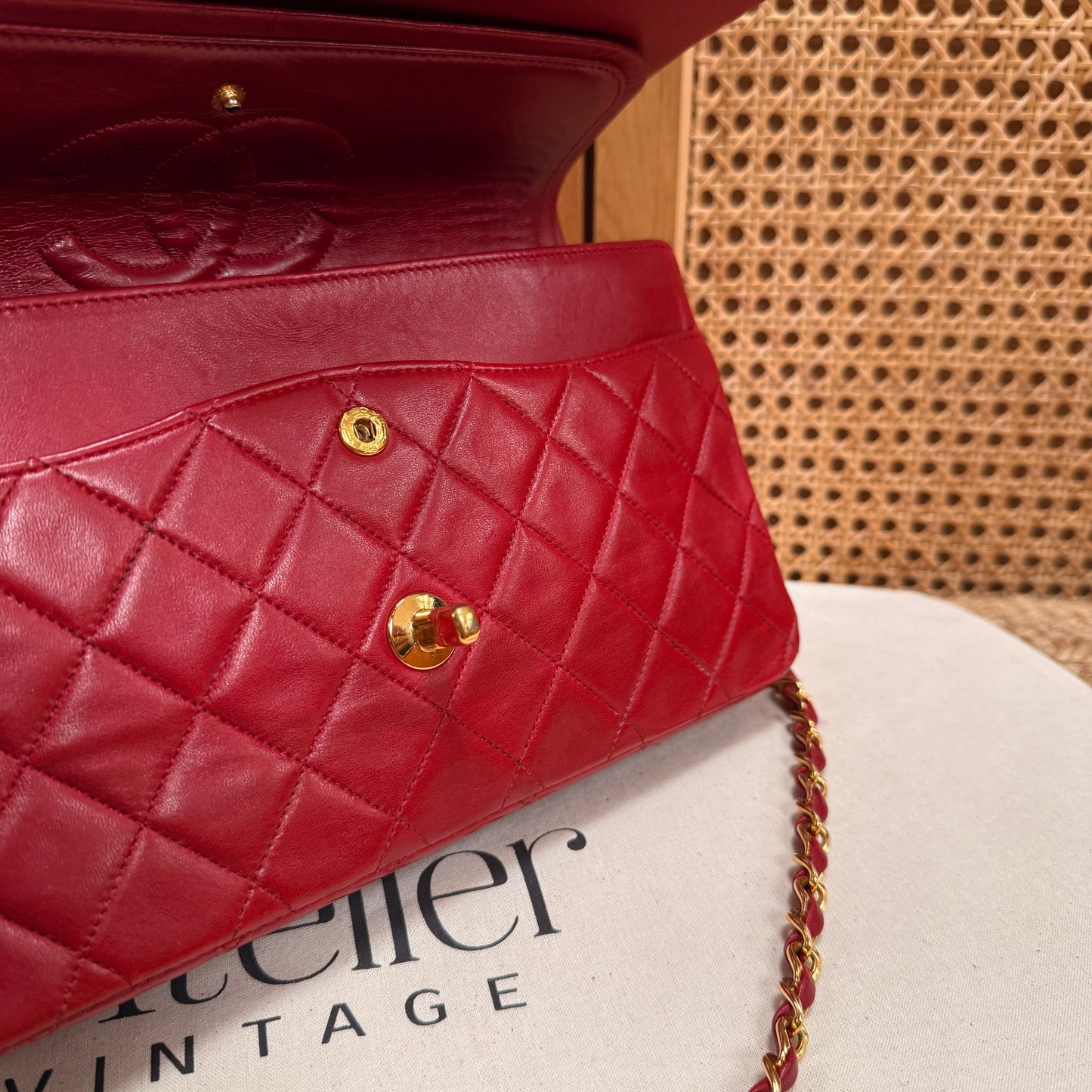 Chanel 1989 Red Lambskin Leather Classic Double Flap in Medium with 24k Gold Hardware