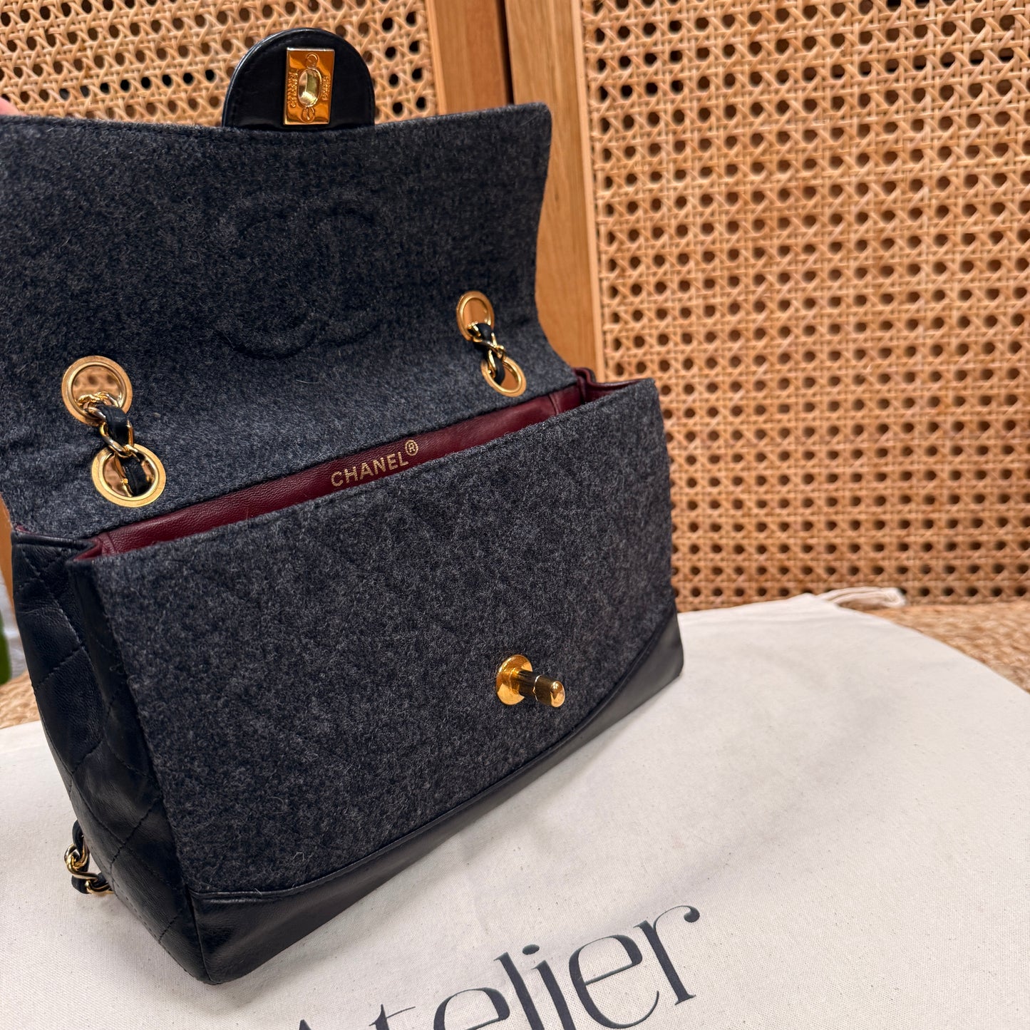 Chanel 1989 Rare Charcoal Tweed Wood & Black Leather Single flap & Purse Set