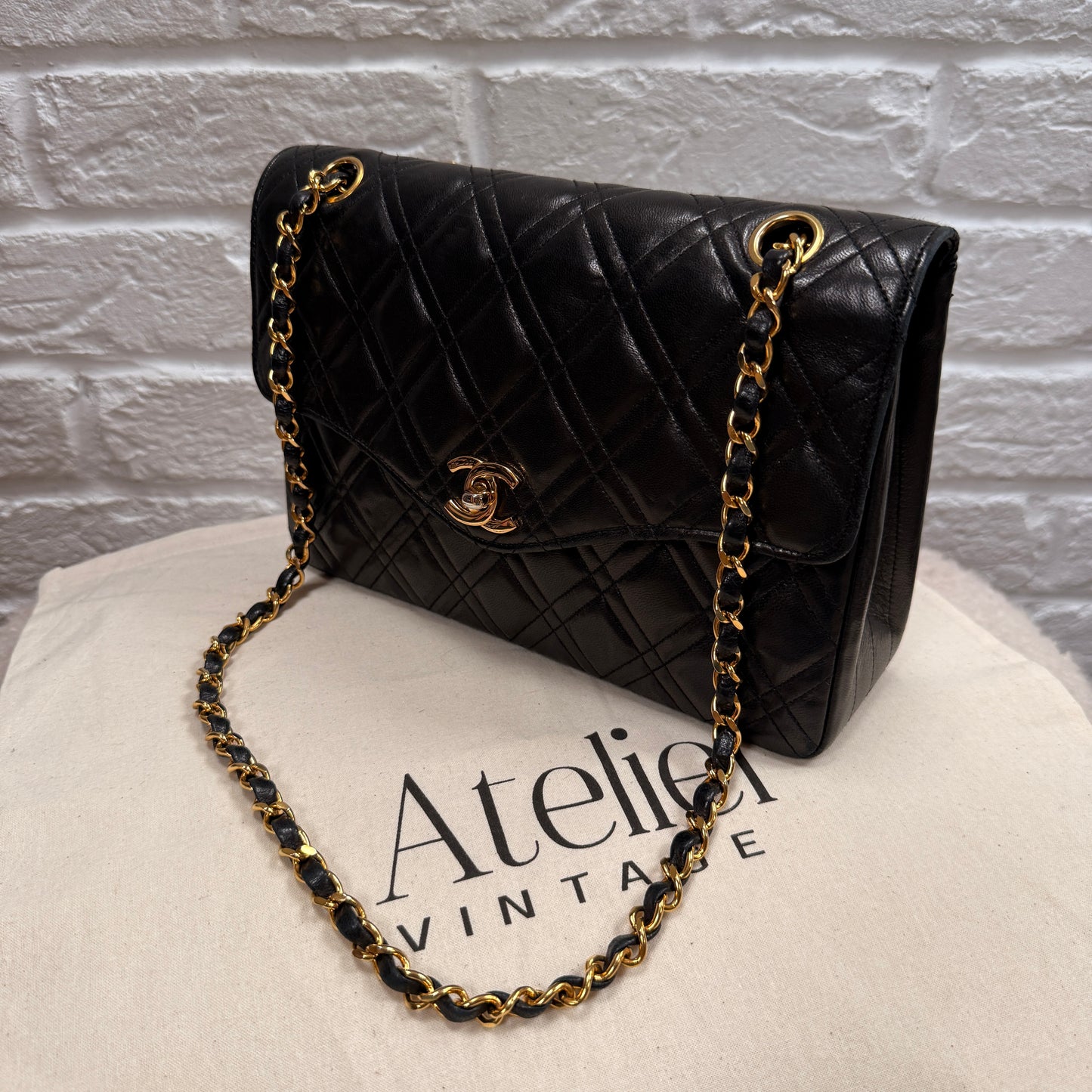 Chanel Early 1980s Rare Chanel Double Diamond Quilted Two Way Single Flap in black