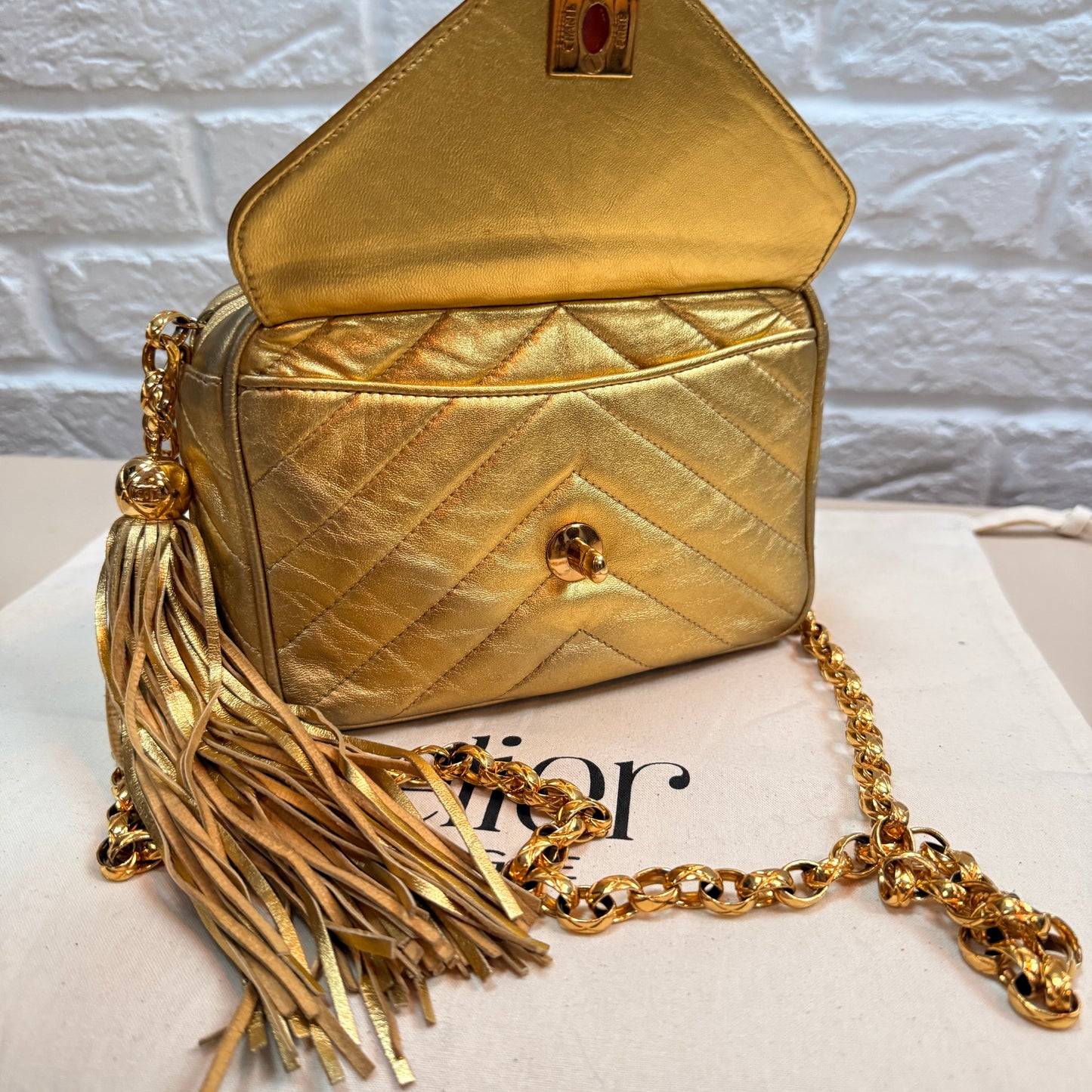 Chanel 1991 Ultra Rare Chevron Quilted Turnlock Camera Bag in Gold Lambskin Leather with 24k gold hardware