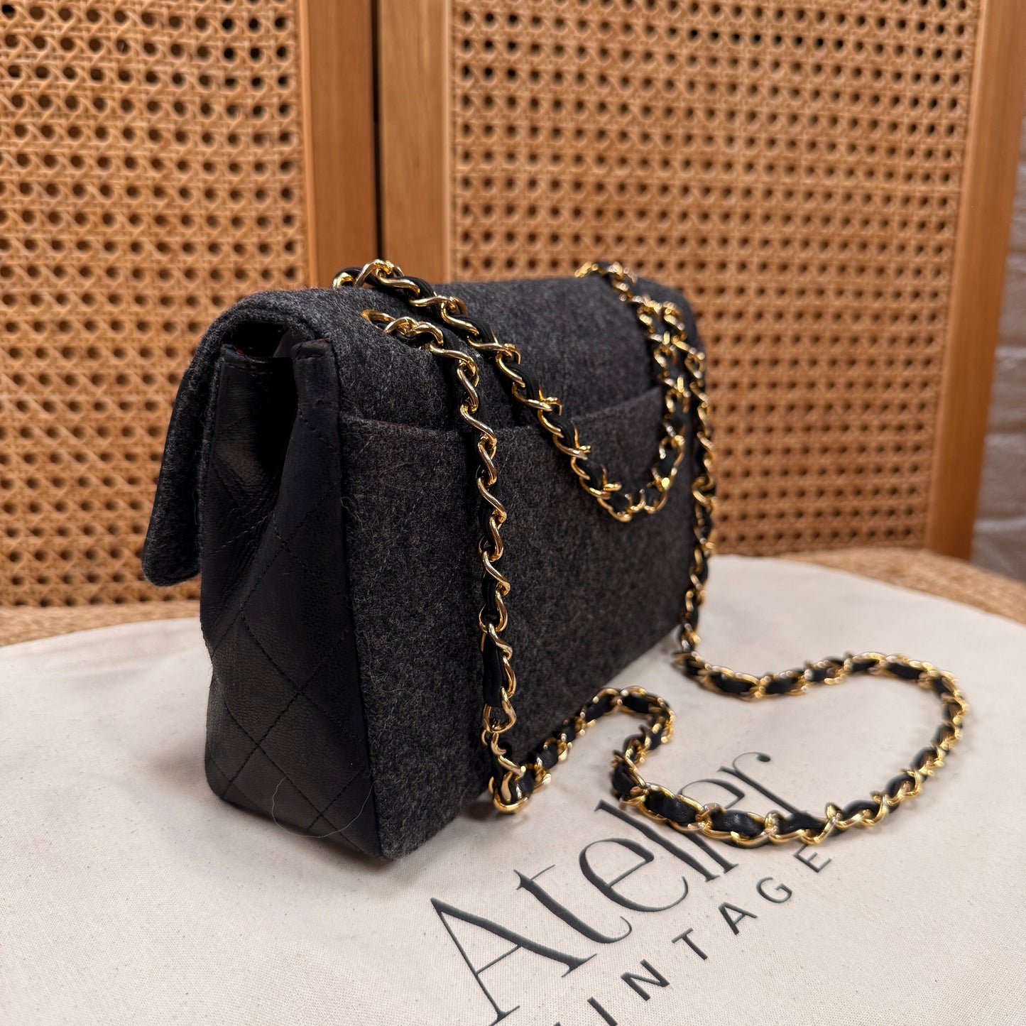 Chanel 1989 Rare Charcoal Tweed Wood & Black Leather Single flap & Purse Set