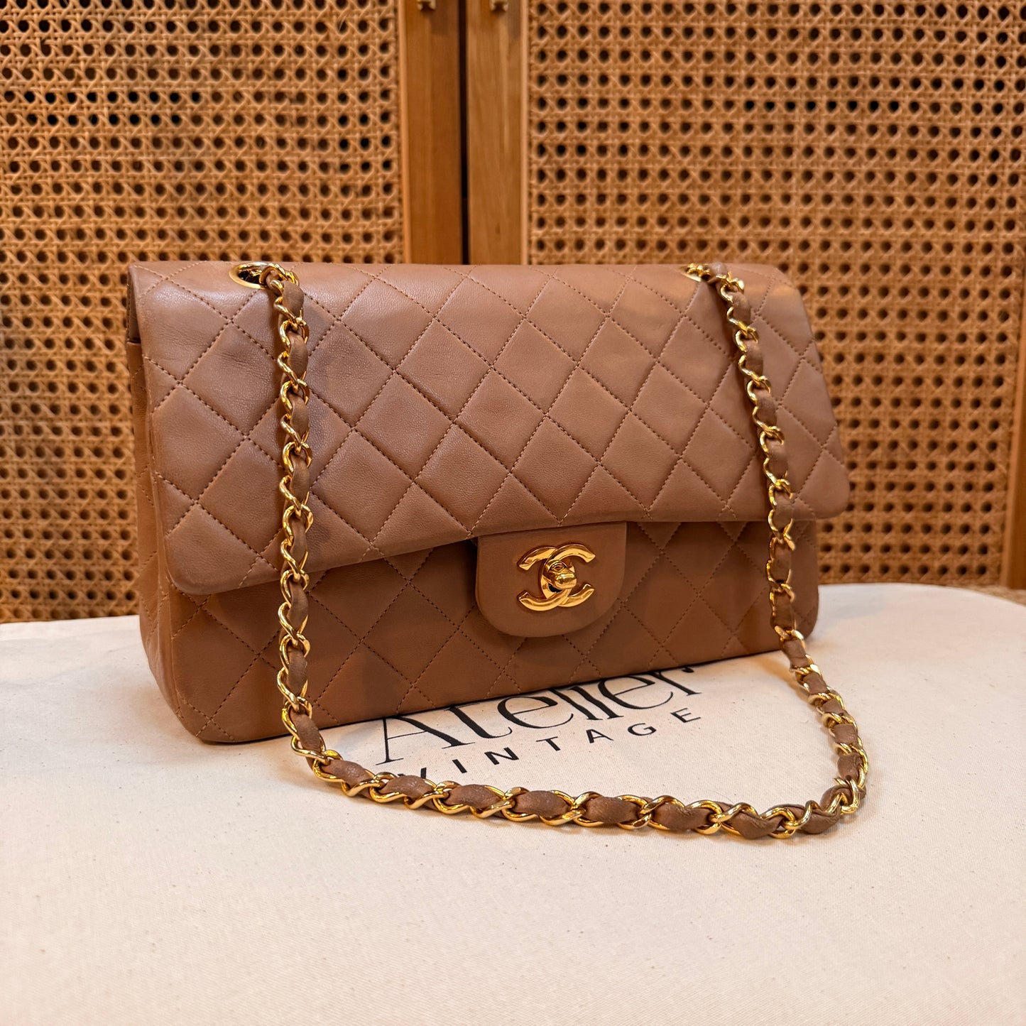Chanel 1989 Rare Tan Lambskin Leather Classic Double Flap in Medium with 24k Gold Hardware