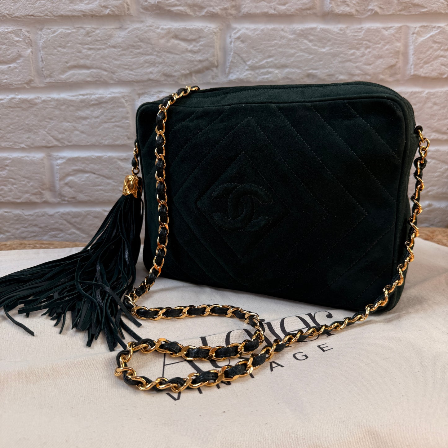 Chanel 1991 Green Suede Camera bag with 24k gold hardware