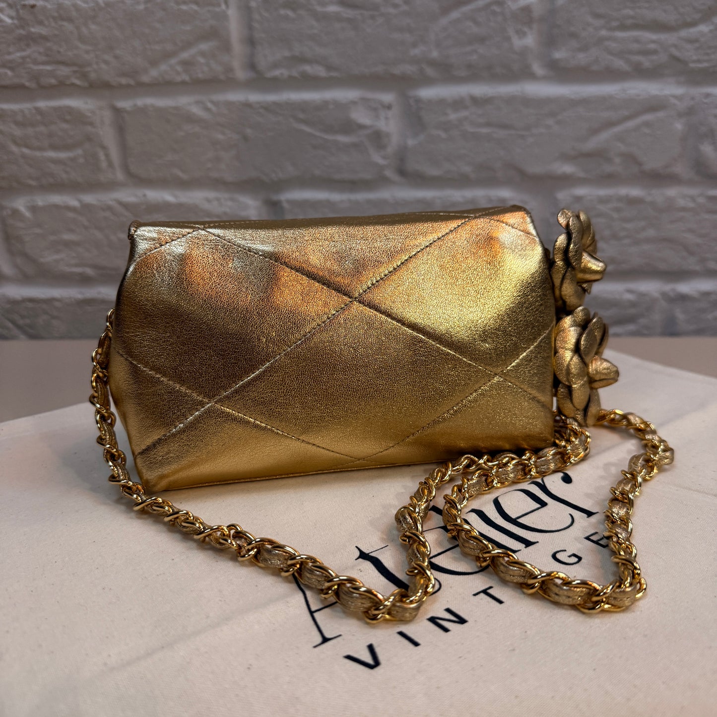 Chanel 1986 Ultra Rare Gold Lambskin Camellia Charm Envelope Flap