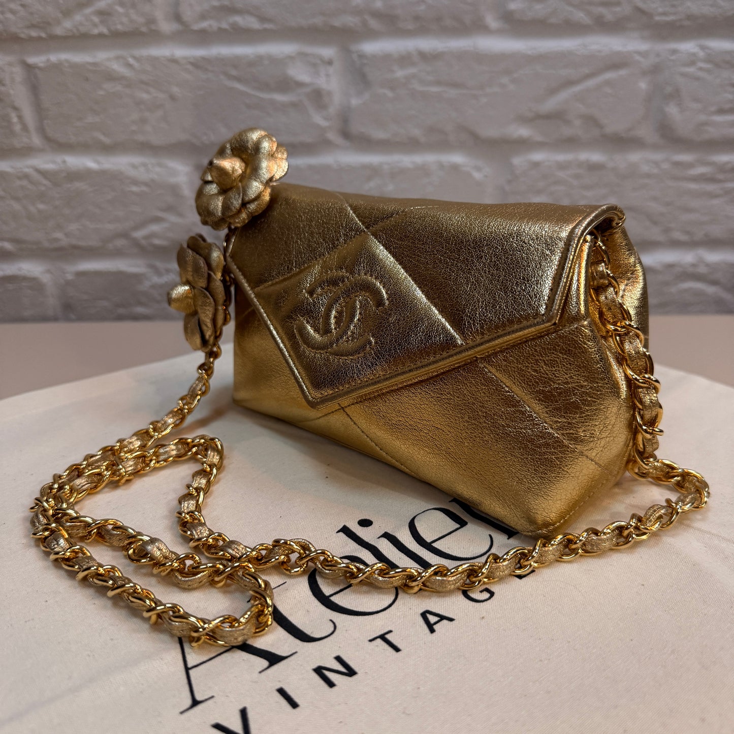 Chanel 1986 Ultra Rare Gold Lambskin Camellia Charm Envelope Flap