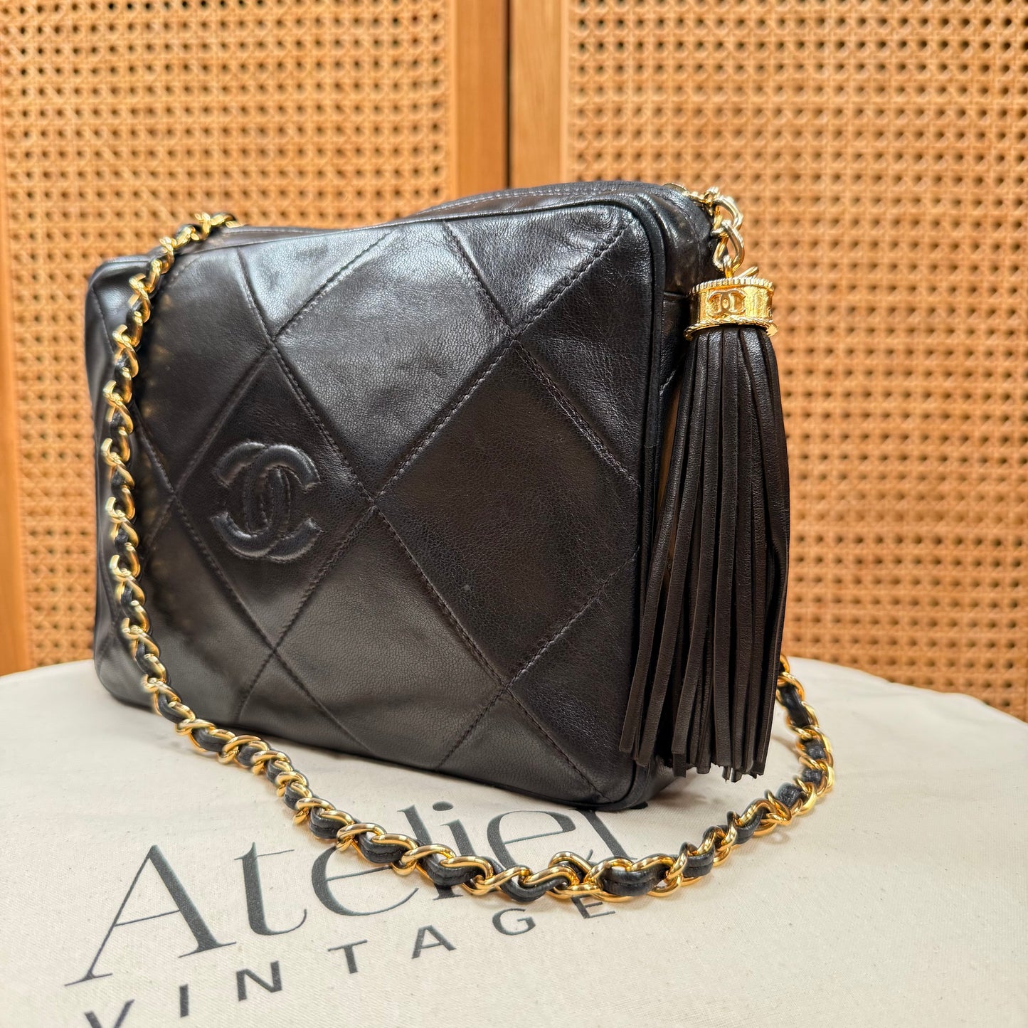 Chanel 1986 CC Quilted Black Tassel Camera bag