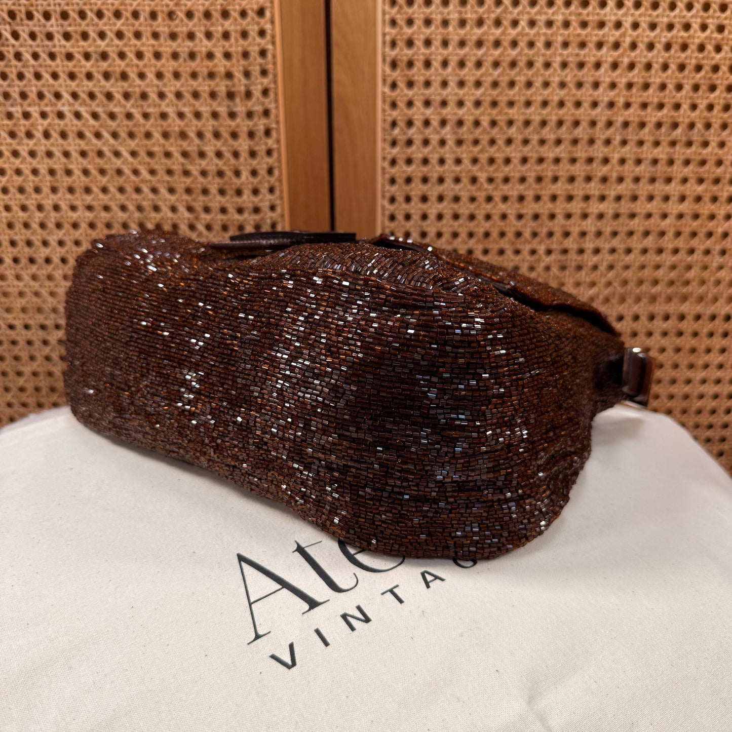 Fendi 2000 Rare Mamma Baguette Bronze - Limited Edition full glass beaded with chocolate leather