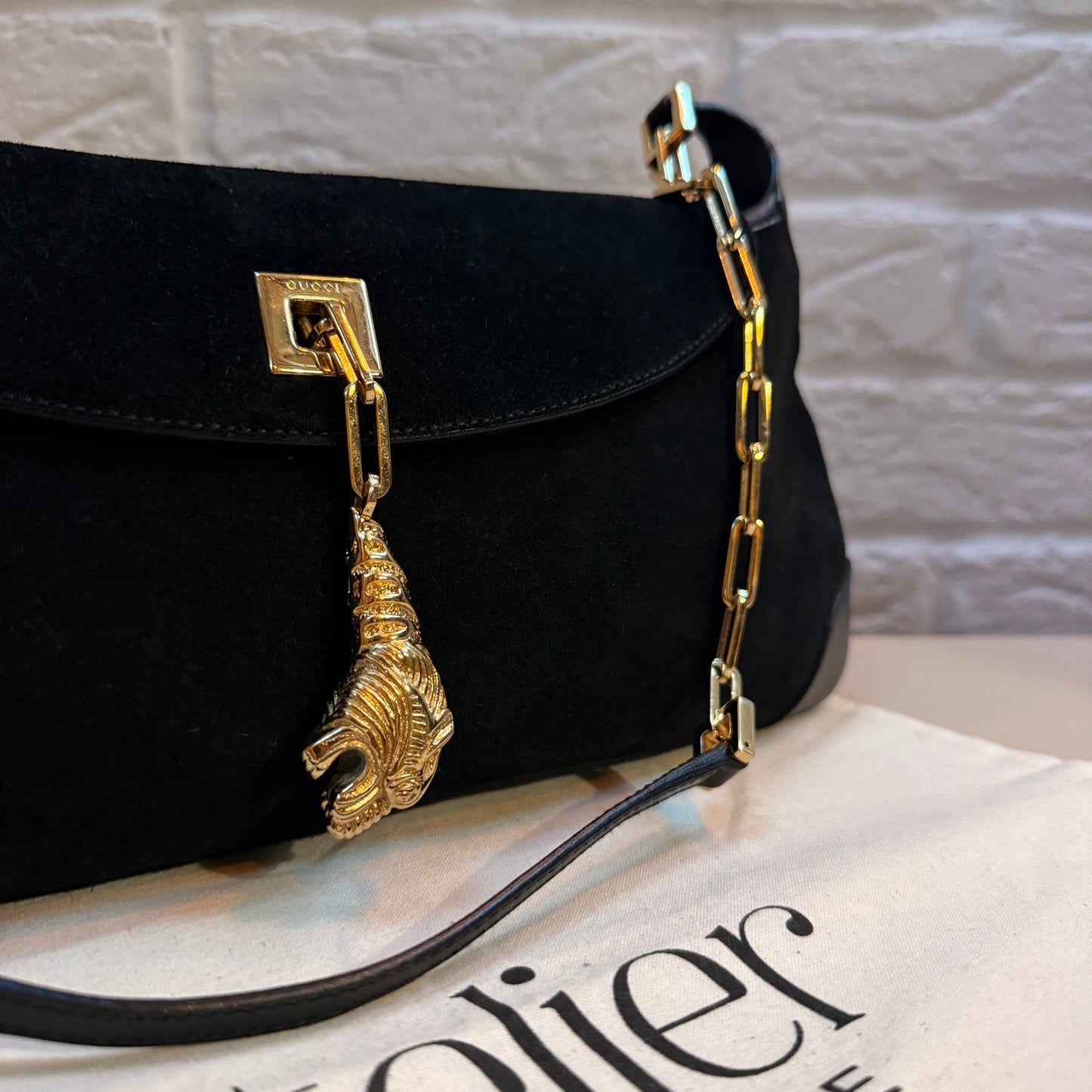 Gucci 1990s Gucci X Tom Ford Black Suede Tigers Head Cross Body