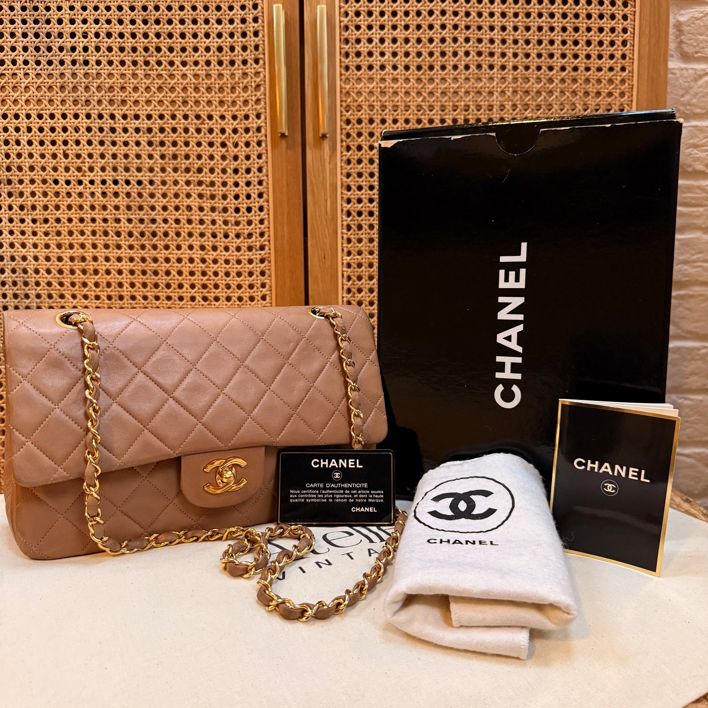 Chanel 1989 Rare Tan Lambskin Leather Classic Double Flap in Medium with 24k Gold Hardware