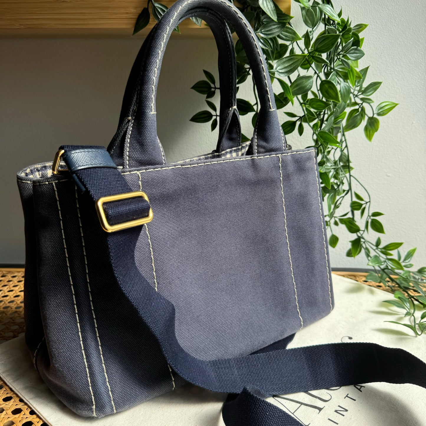 Prada Canapa Denim Blue Canvas Two Way Tote