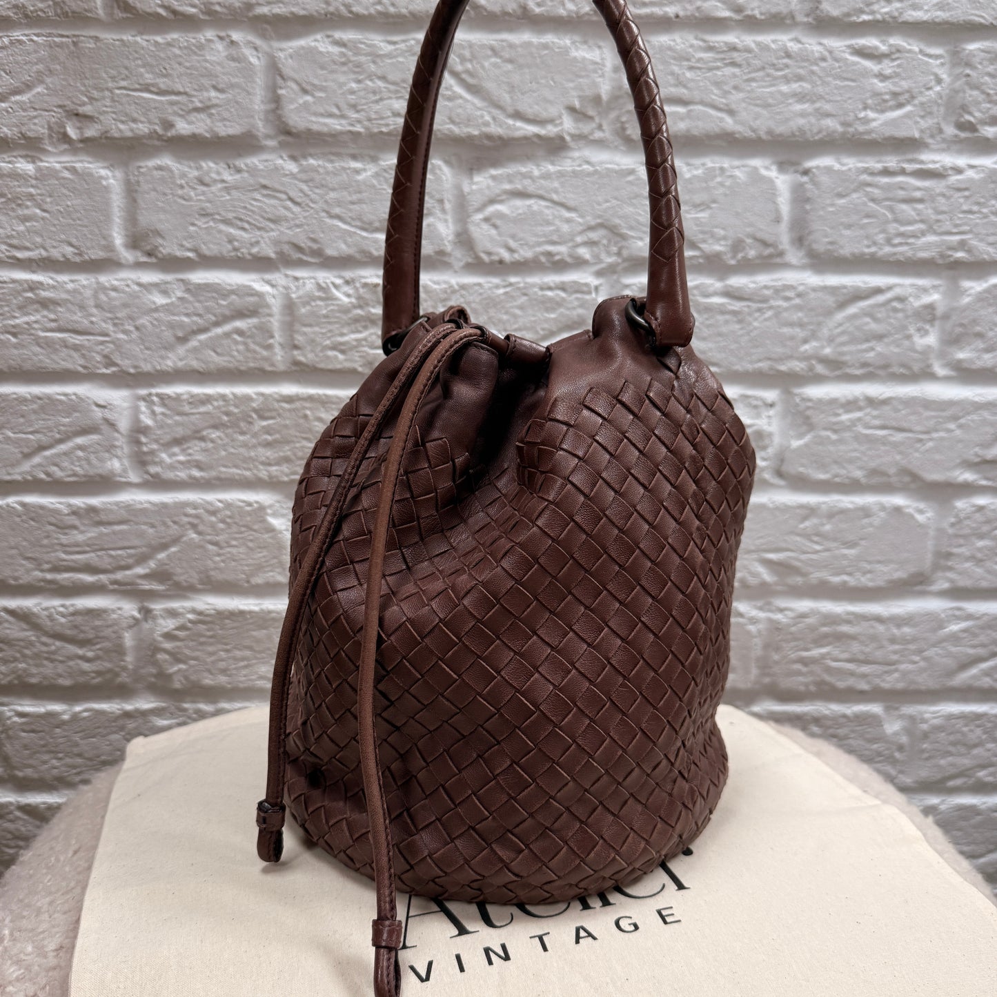 Bottega Veneta 1990s Bottega Veneta Tan Woven Leather Bucket Bag