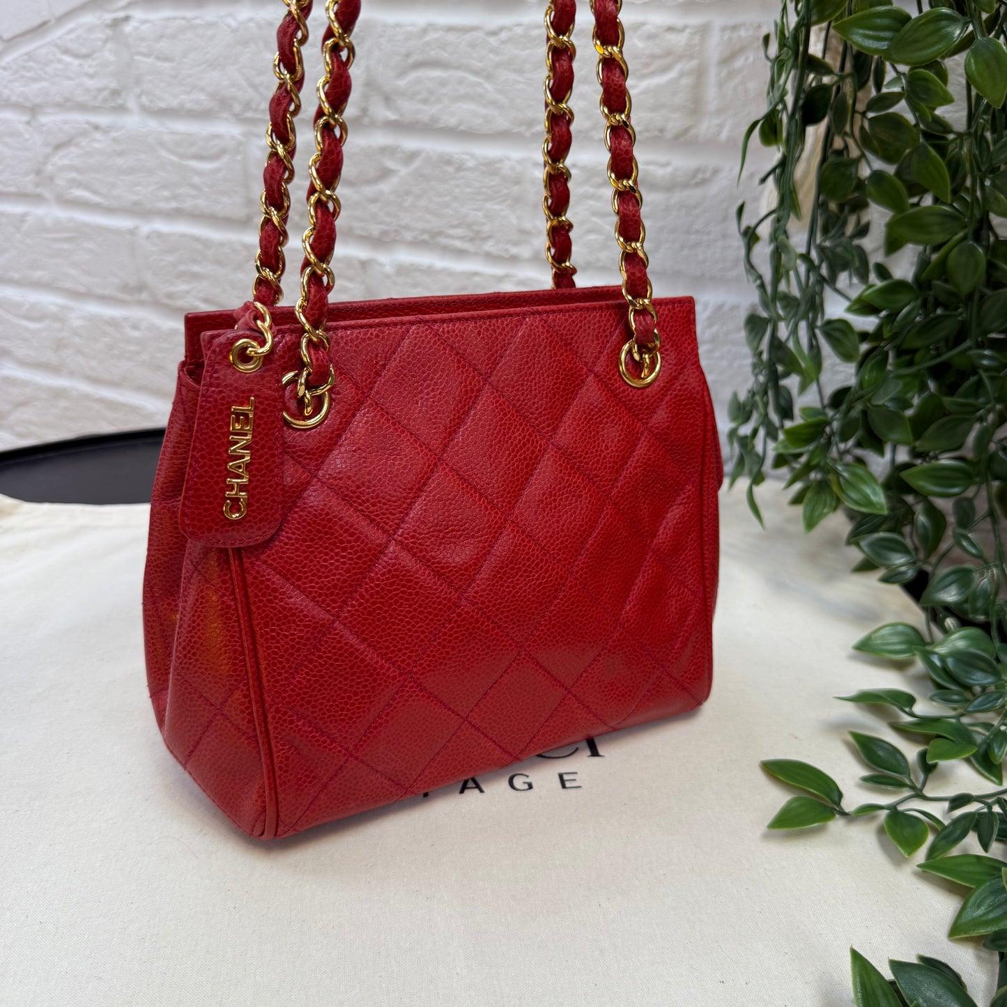Chanel 1989 Chanel Red Caviar CC Quilted Shoulder Bag