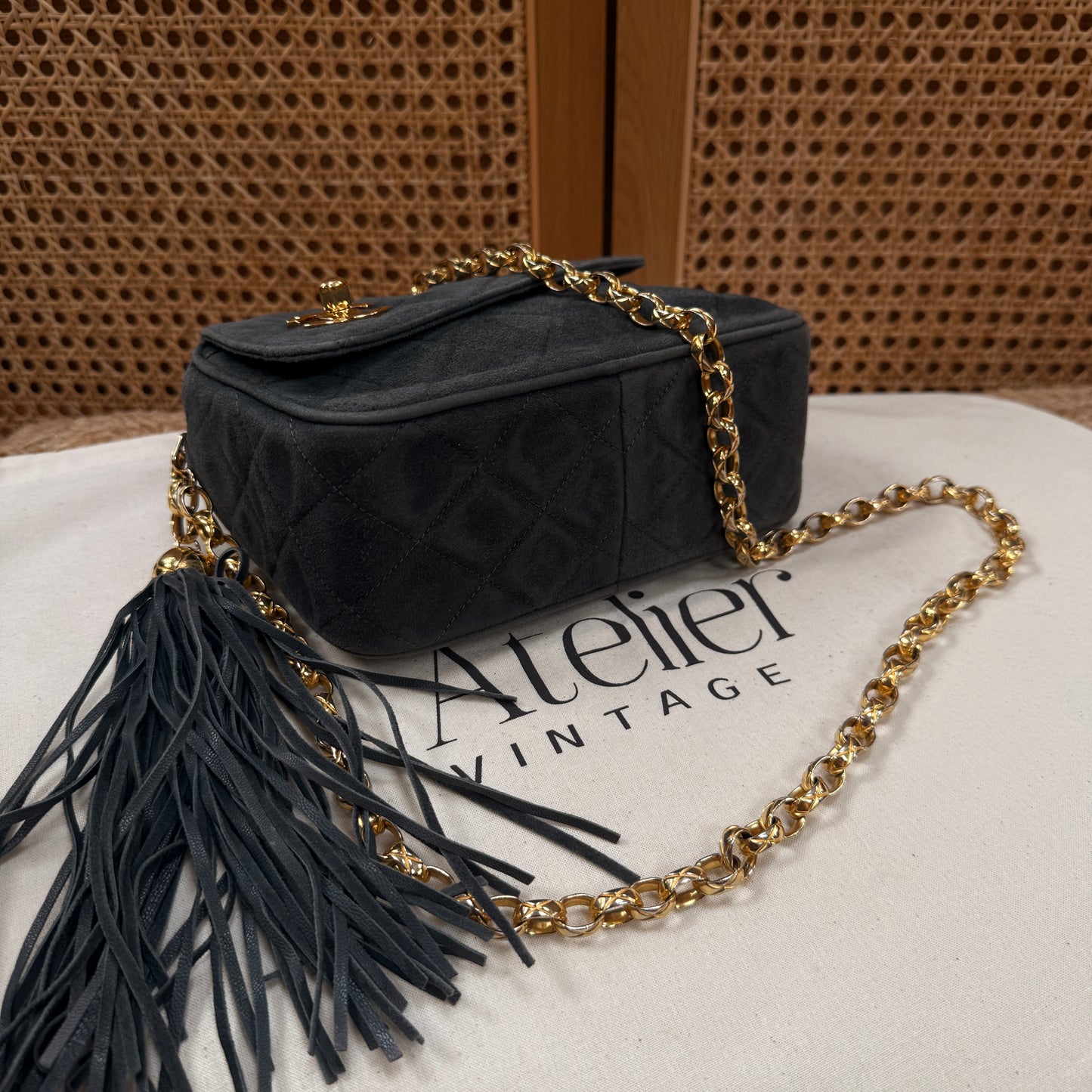 Chanel 1994 rare camera bag with bijoux chain in slate grey suede