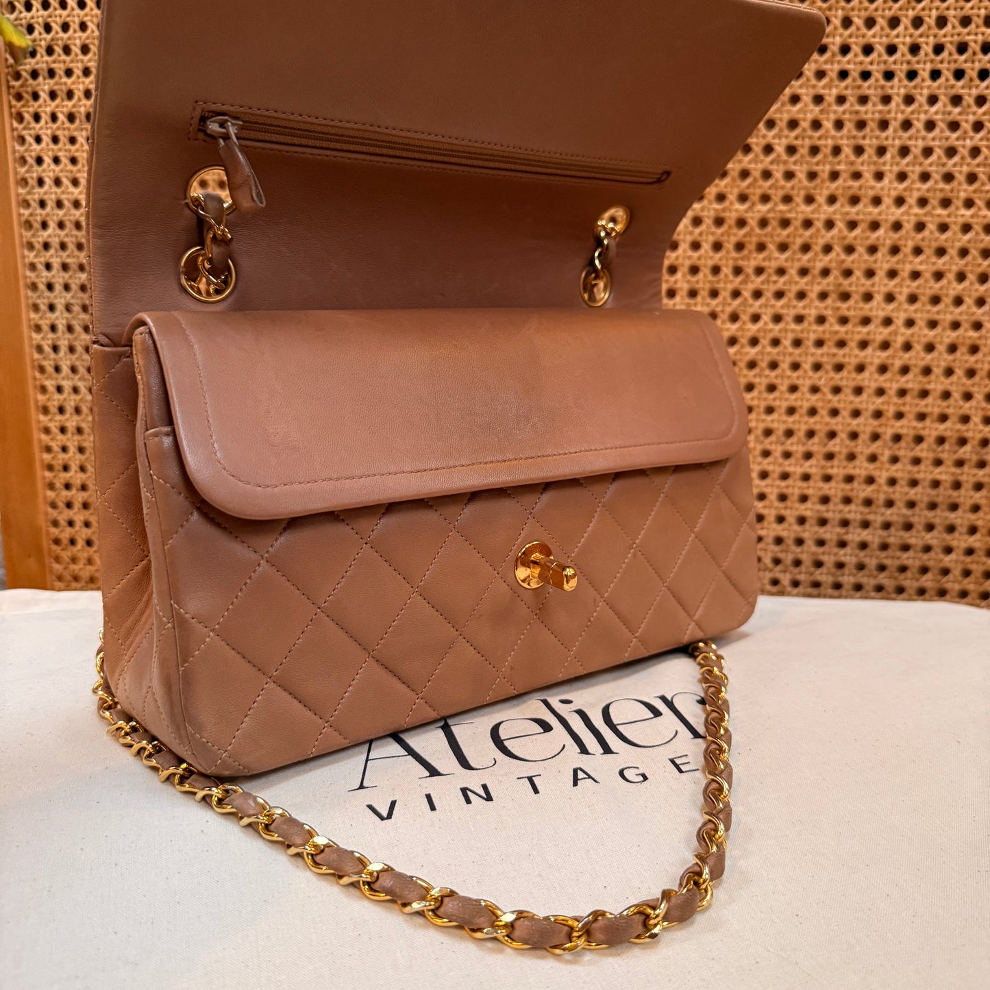 Chanel 1989 Rare Tan Lambskin Leather Classic Double Flap in Medium with 24k Gold Hardware
