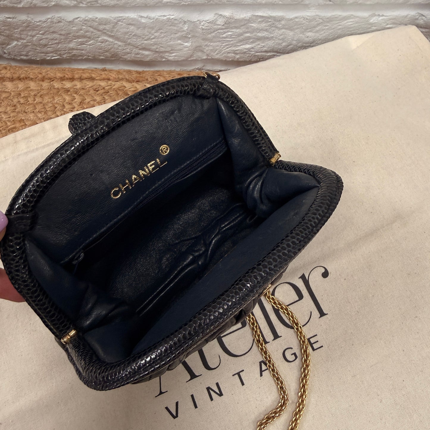 Chanel ULTRA RARE Early 1980s Navy Lambskin & Lizard Skin Kiss lock Frame Bag