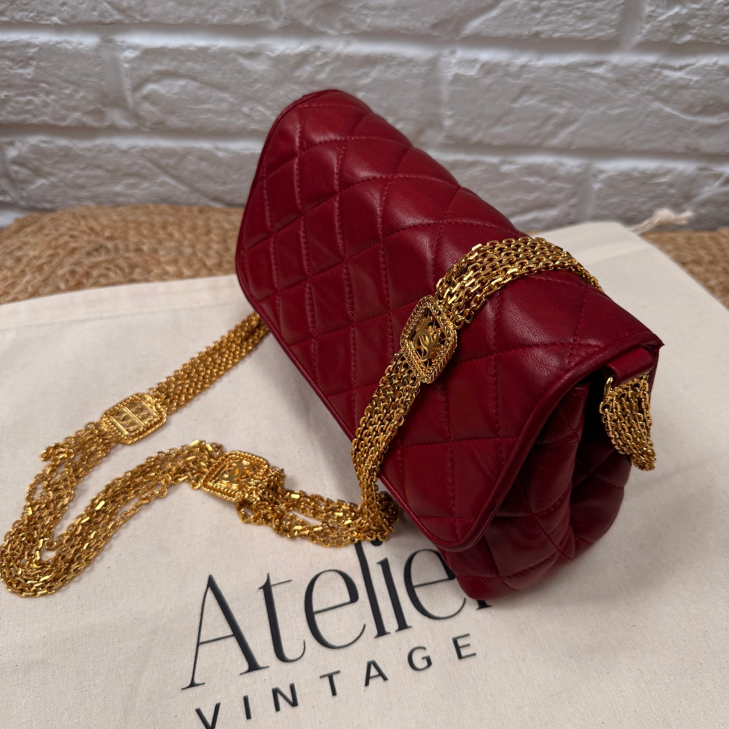 Chanel ULTRA RARE 1986 Single Flap with six strand 24k gold plated chain with CC logo stations