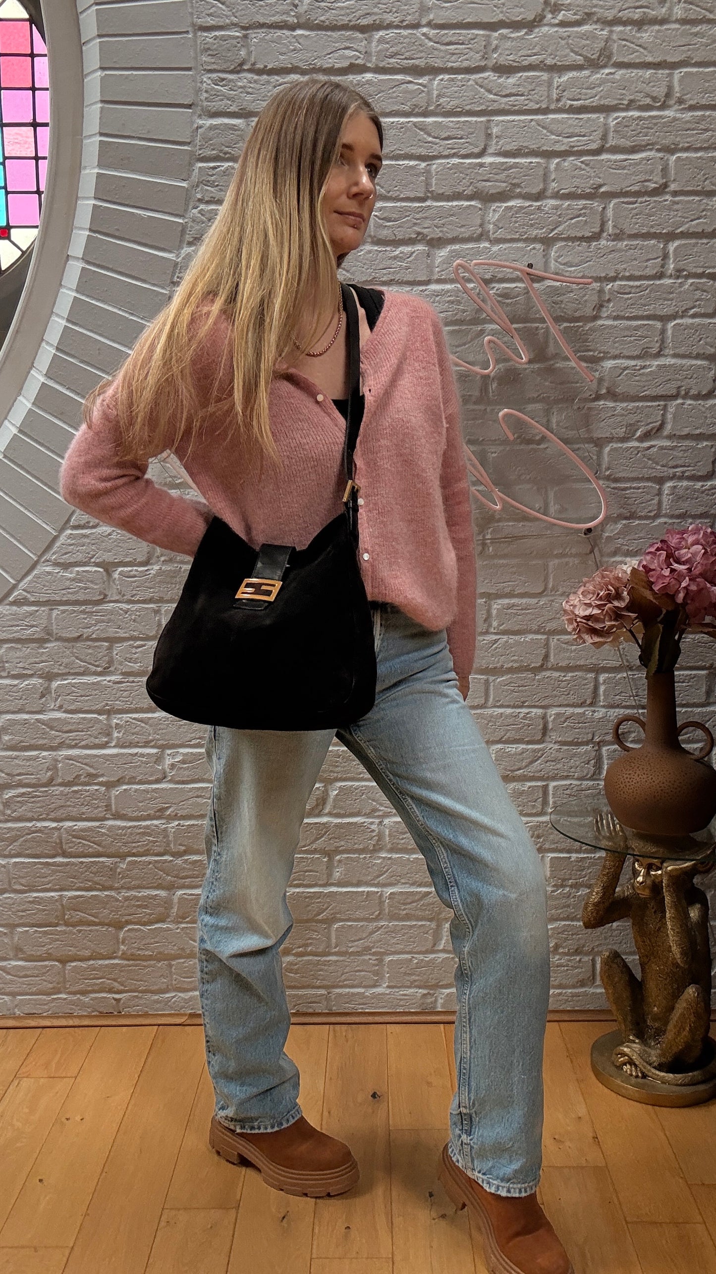 Fendi Rare Fendi Baguette Cross Body Tote in black suede with limited edition enamel closure