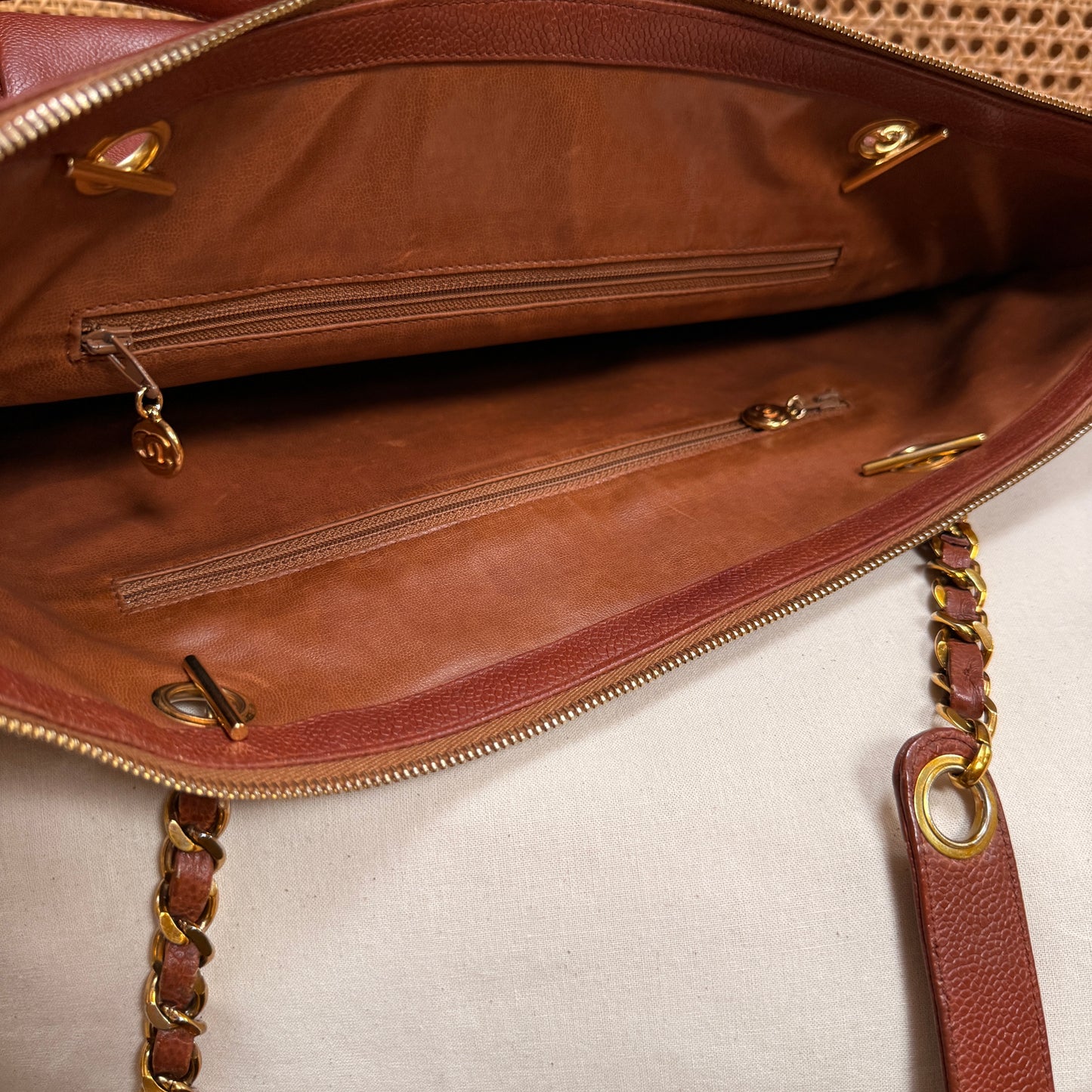 Chanel 1991 Rare Cognac Caviar leather tote with Turnlock front compartment