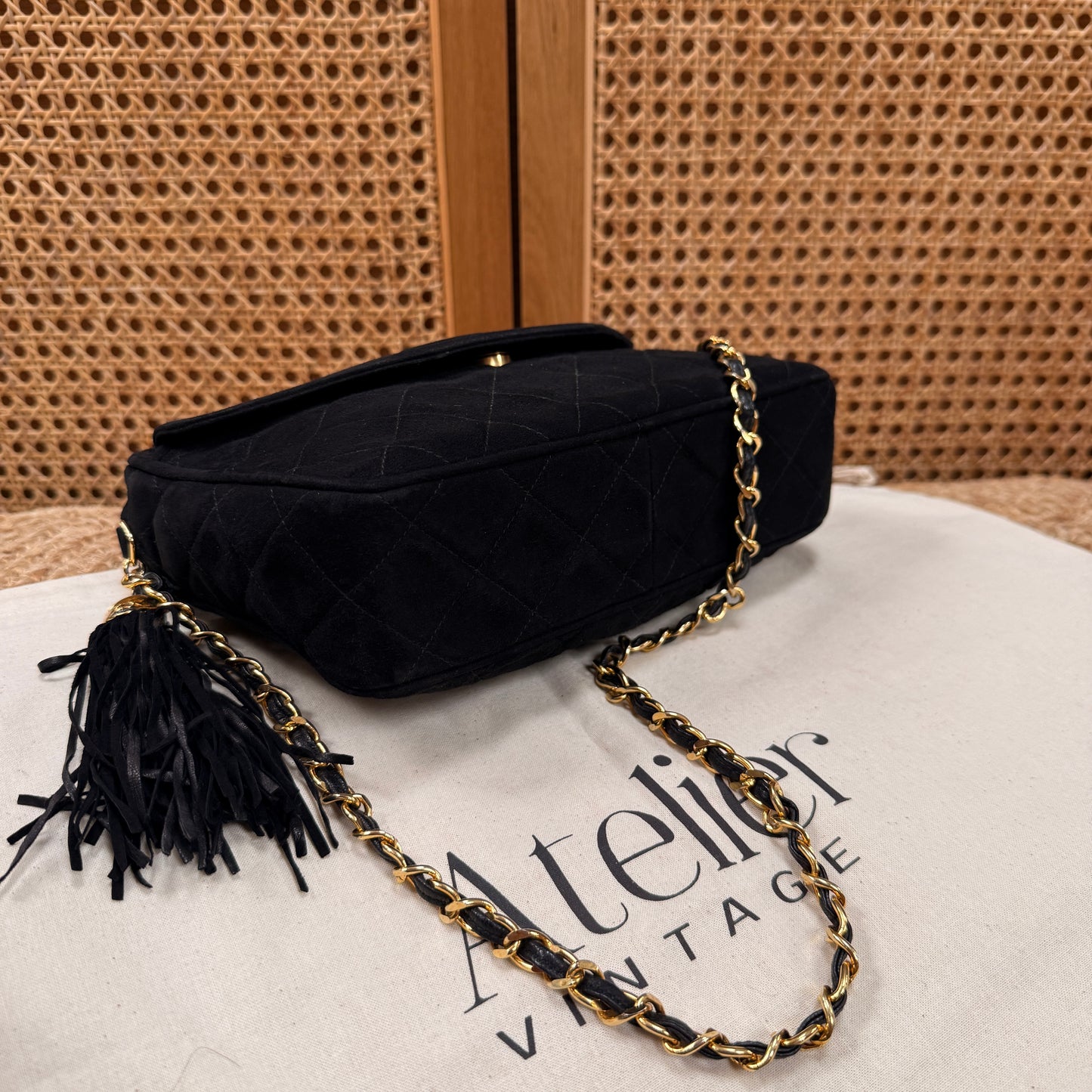 Chanel 1989 Rare Black Suede Front Flap Camera Bag