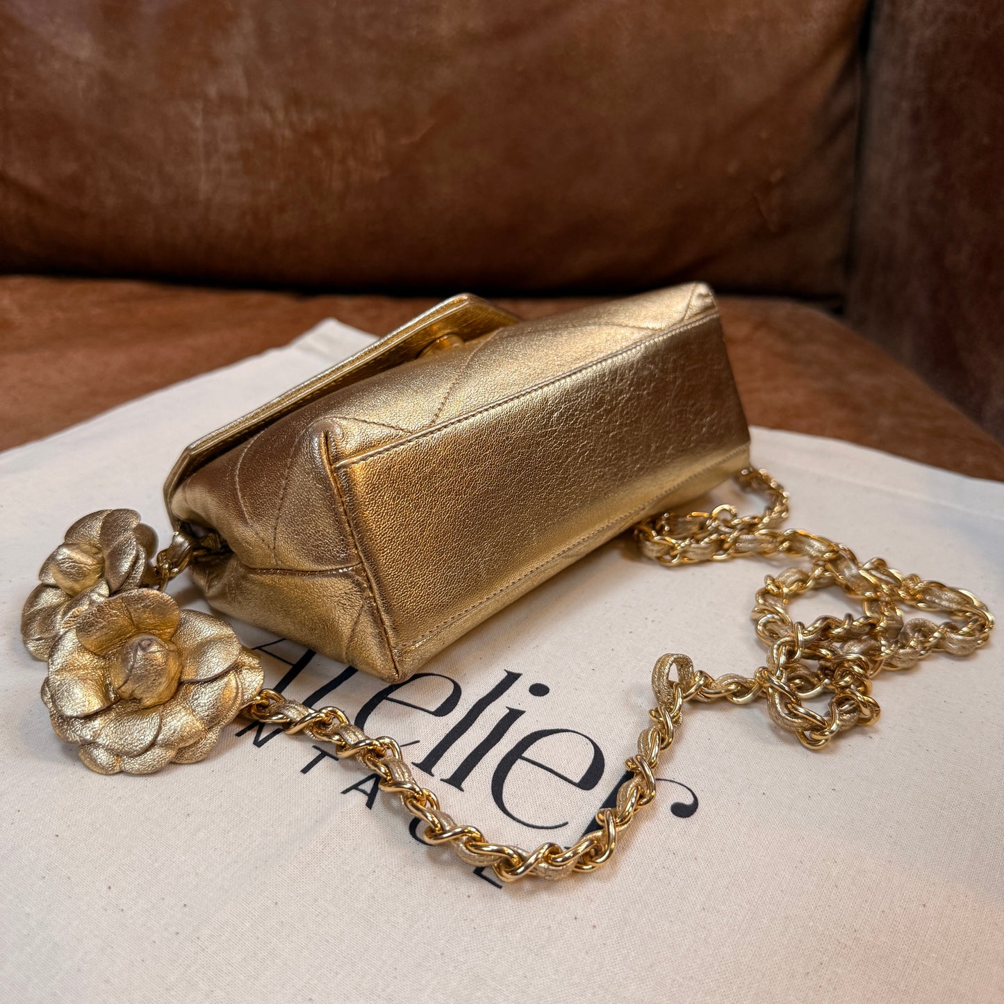 Chanel 1986 Ultra Rare Gold Lambskin Camellia Charm Envelope Flap