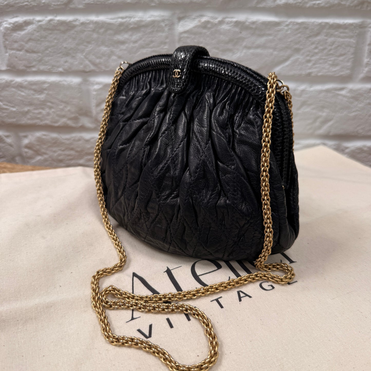 Chanel ULTRA RARE Early 1980s Navy Lambskin & Lizard Skin Kiss lock Frame Bag