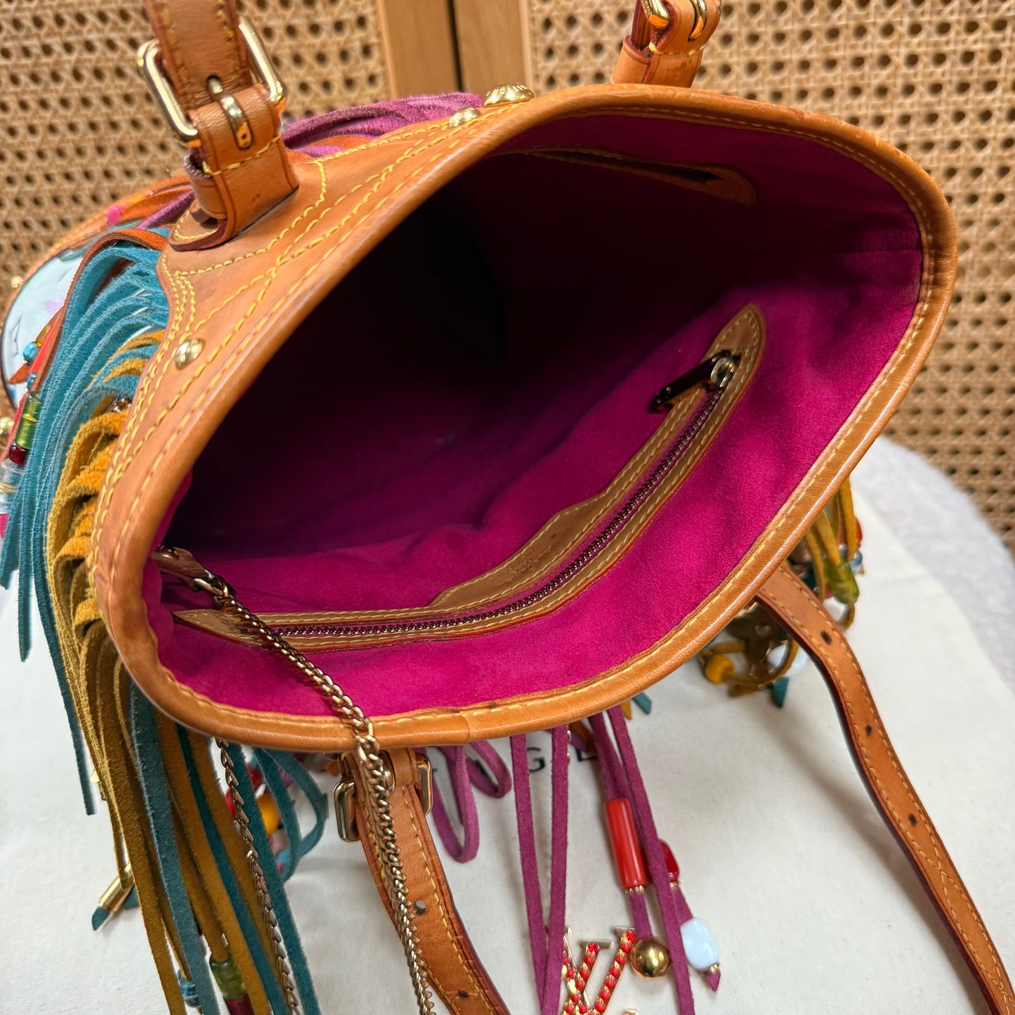 Louis Vuitton 2006 ULTRA RARE Murakami Suede and Beaded Fringe Bucket Bag