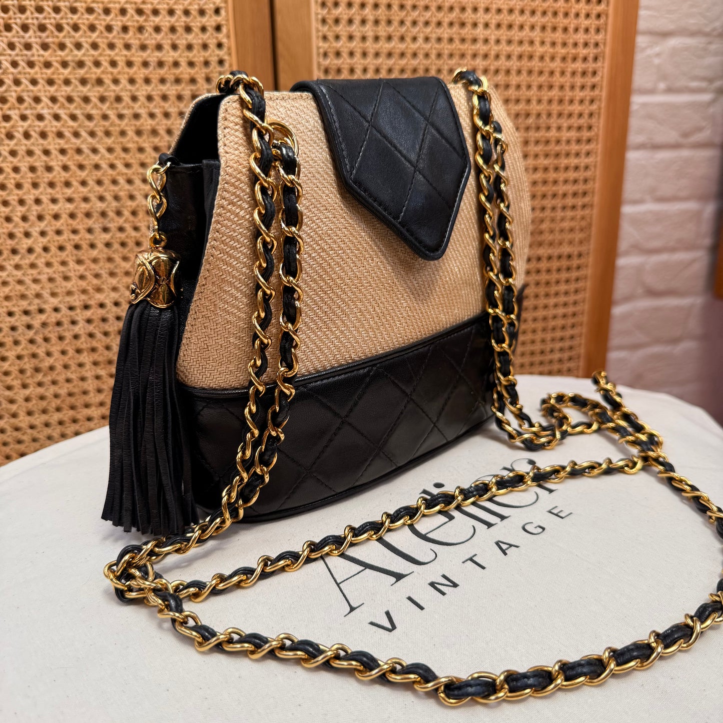 Chanel 1989 Rare Raffia & Leather Tassel Two Way Bag