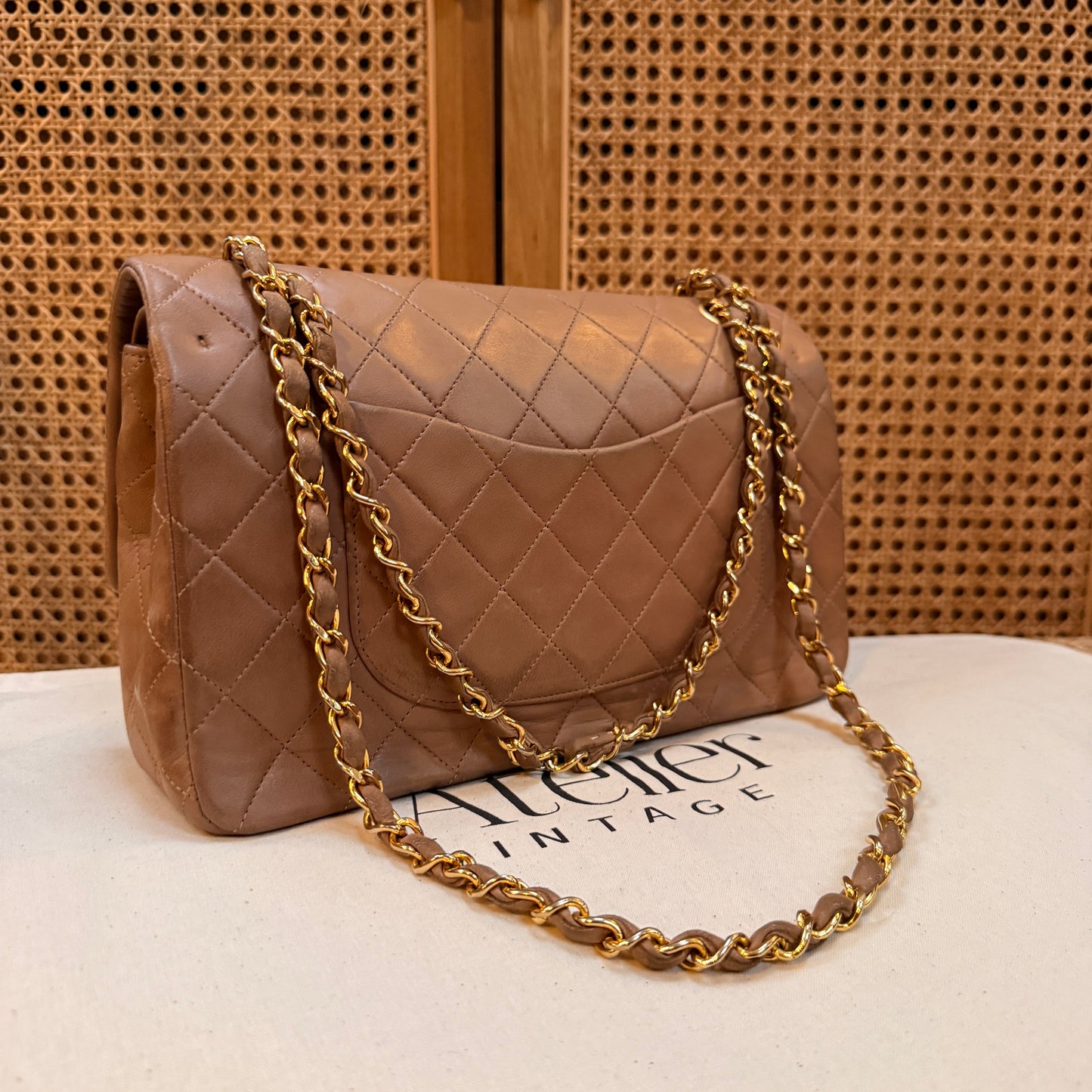 Chanel 1989 Rare Tan Lambskin Leather Classic Double Flap in Medium with 24k Gold Hardware
