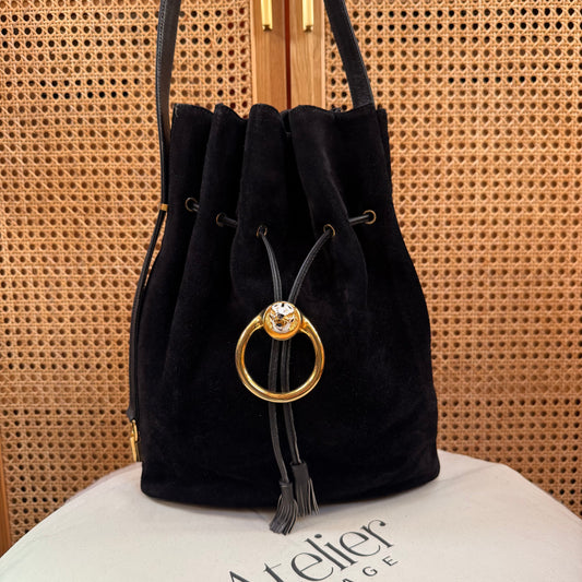 Gucci 1990s Rare Enamel Leopard Suede Bucket Bag