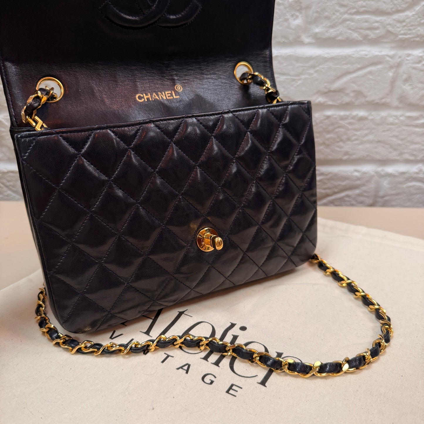 Chanel 1986 Rare Navy Lambskin Half Moon Single Flap with 24k Gold Hardware