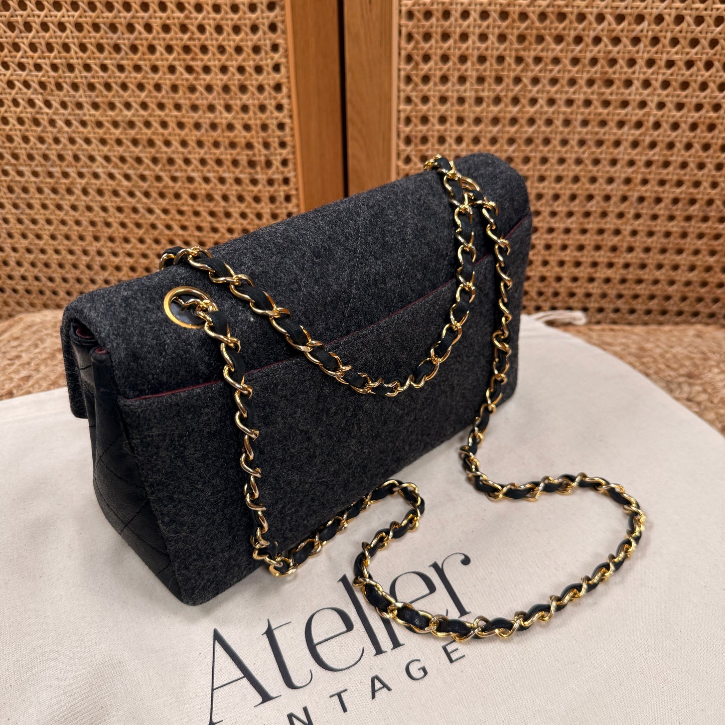 Chanel 1989 Rare Charcoal Tweed Wood & Black Leather Single flap & Purse Set