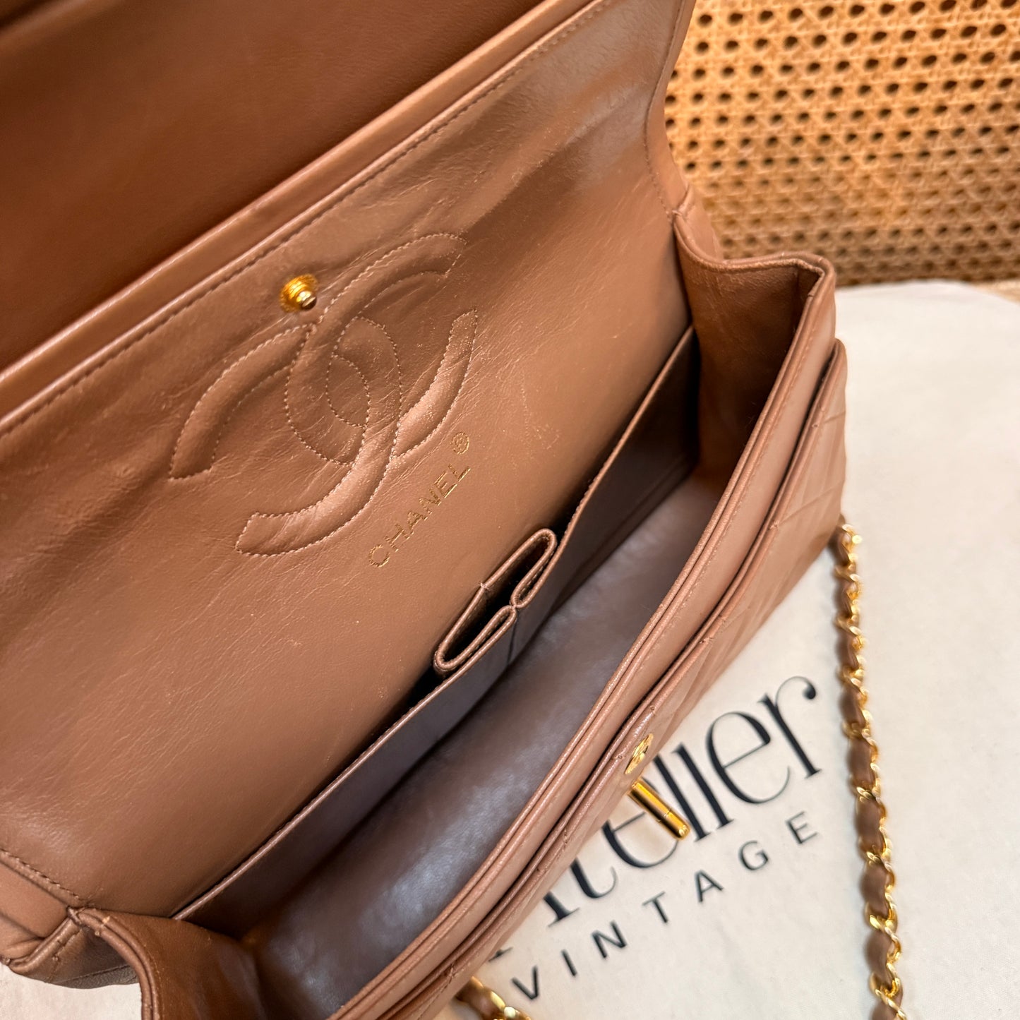 Chanel 1989 Rare Tan Lambskin Leather Classic Double Flap in Medium with 24k Gold Hardware