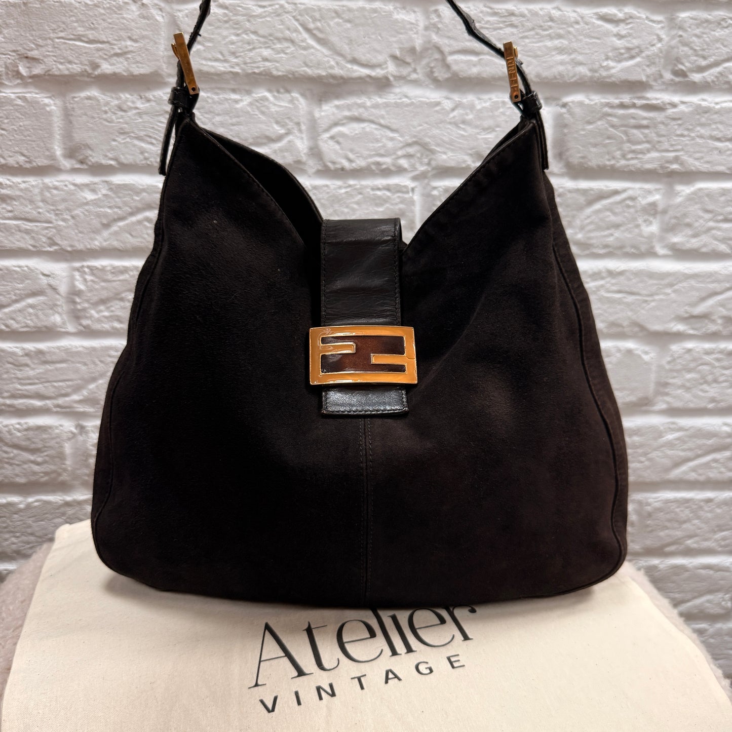 Fendi Rare Fendi Baguette Cross Body Tote in black suede with limited edition enamel closure