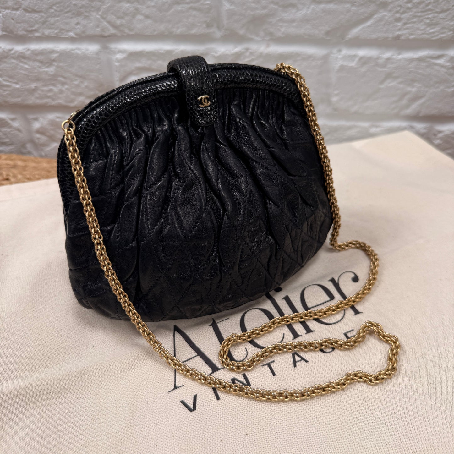 Chanel ULTRA RARE Early 1980s Navy Lambskin & Lizard Skin Kiss lock Frame Bag