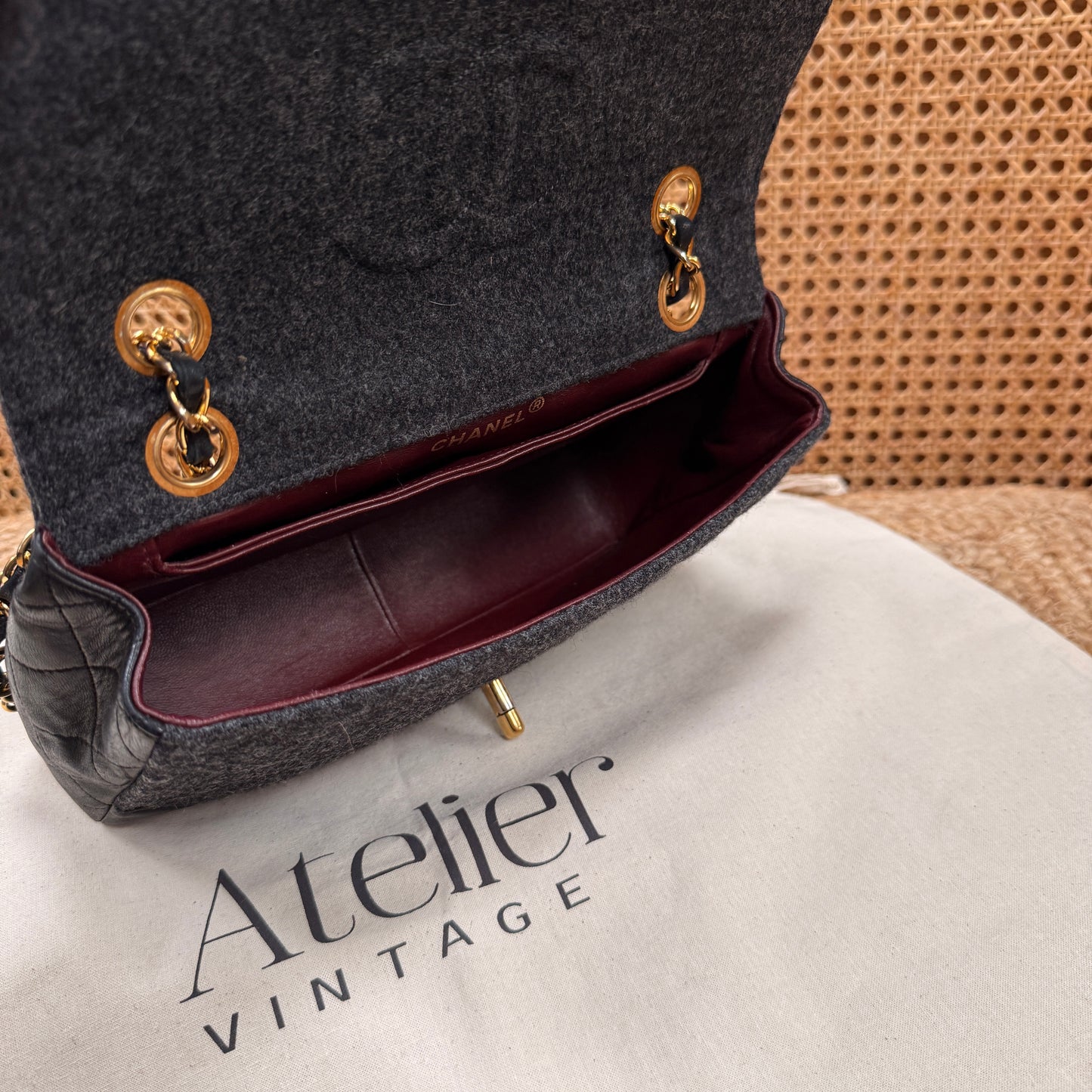 Chanel 1989 Rare Charcoal Tweed Wood & Black Leather Single flap & Purse Set