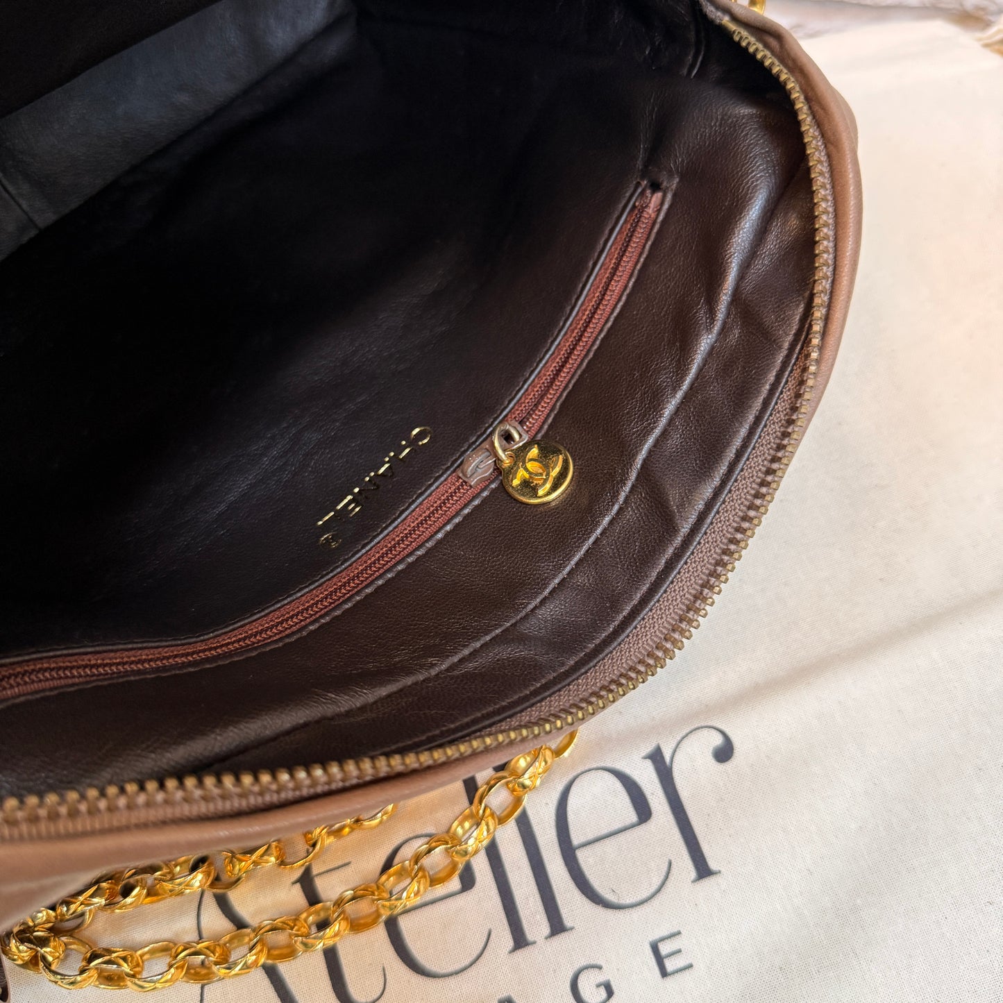 Chanel Rare 1980s Mademoiselle Camera Bag with Bijoux chain in Taupe