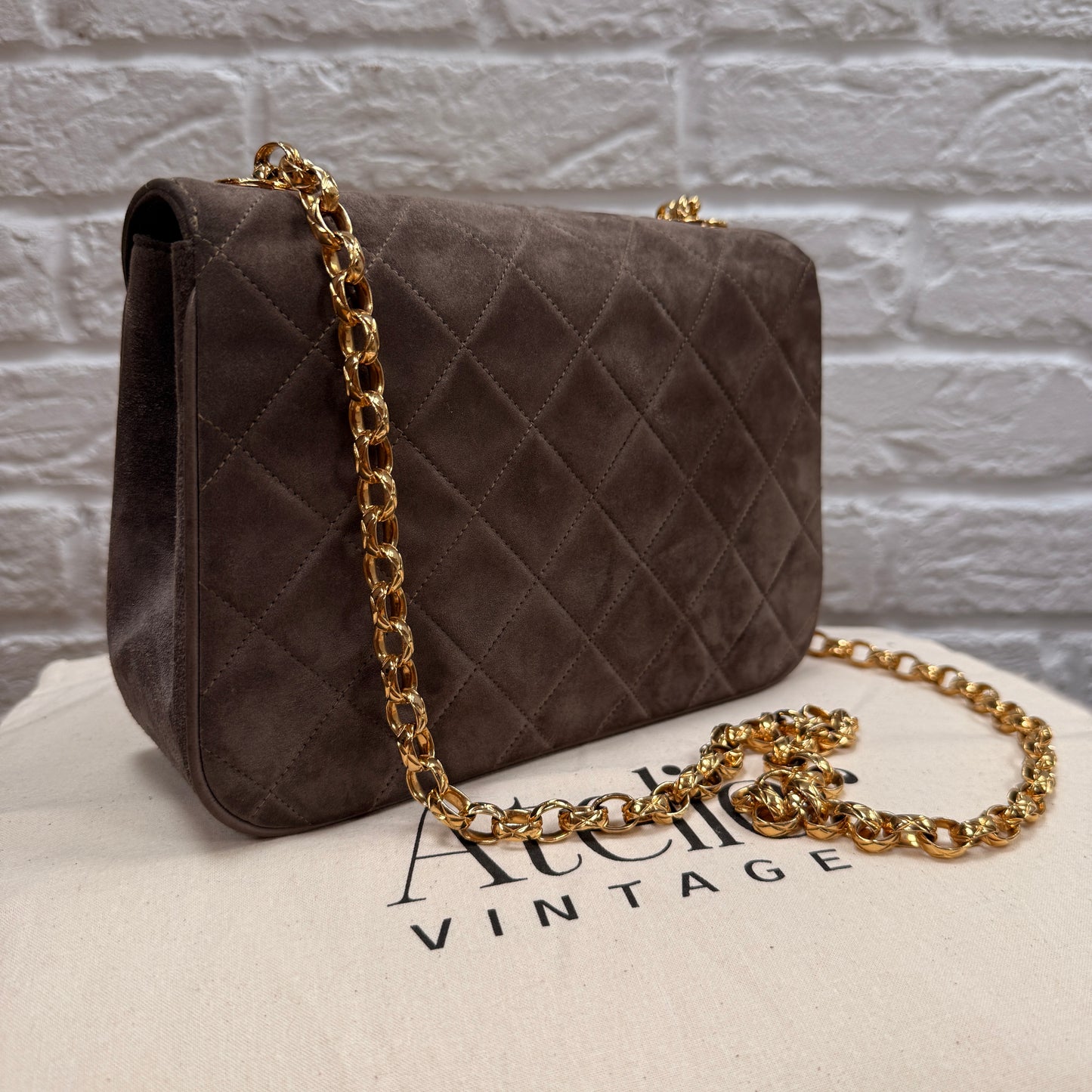 Chanel 1980s Ultra Rare Chanel Limited Edition Bijoux Chain in Taupe Suede and 24k Hold Hardware