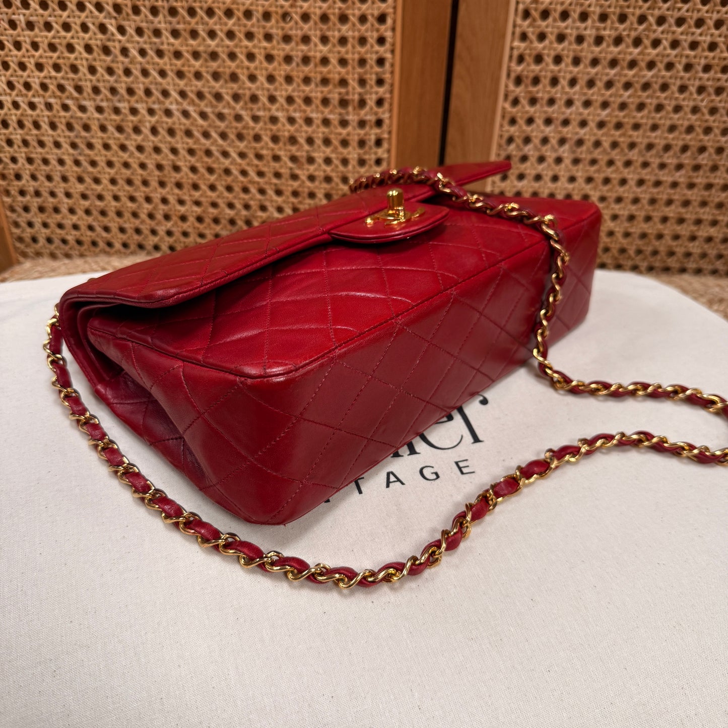 Chanel 1989 Red Lambskin Leather Classic Double Flap in Medium with 24k Gold Hardware
