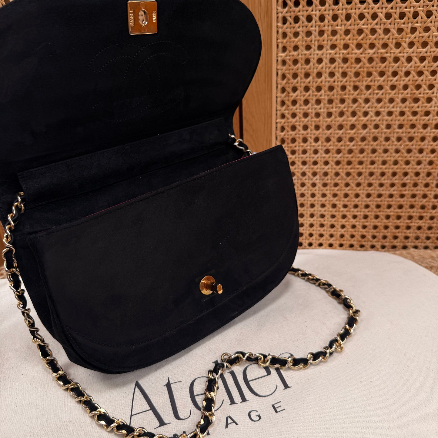 Chanel Rare early 1980s half moon quilted single flap in black suede