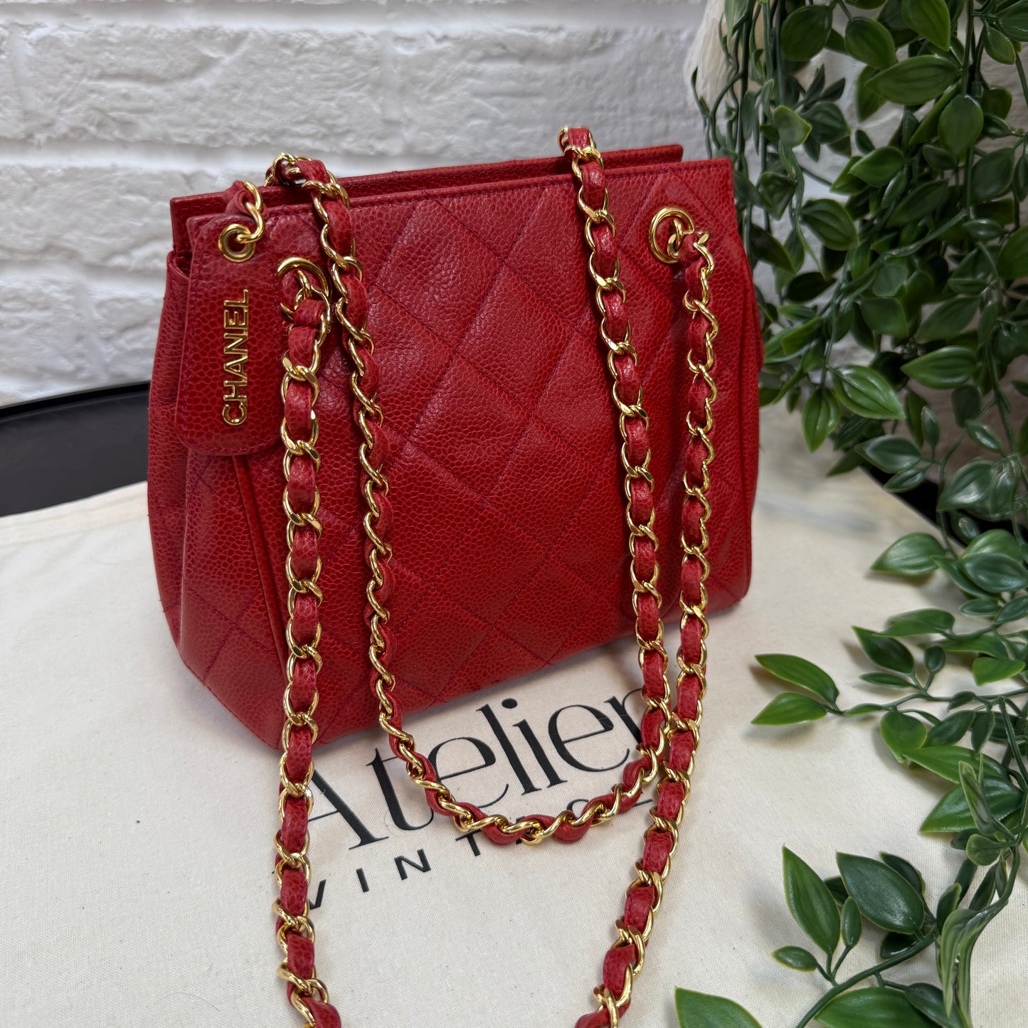 Chanel 1989 Chanel Red Caviar CC Quilted Shoulder Bag
