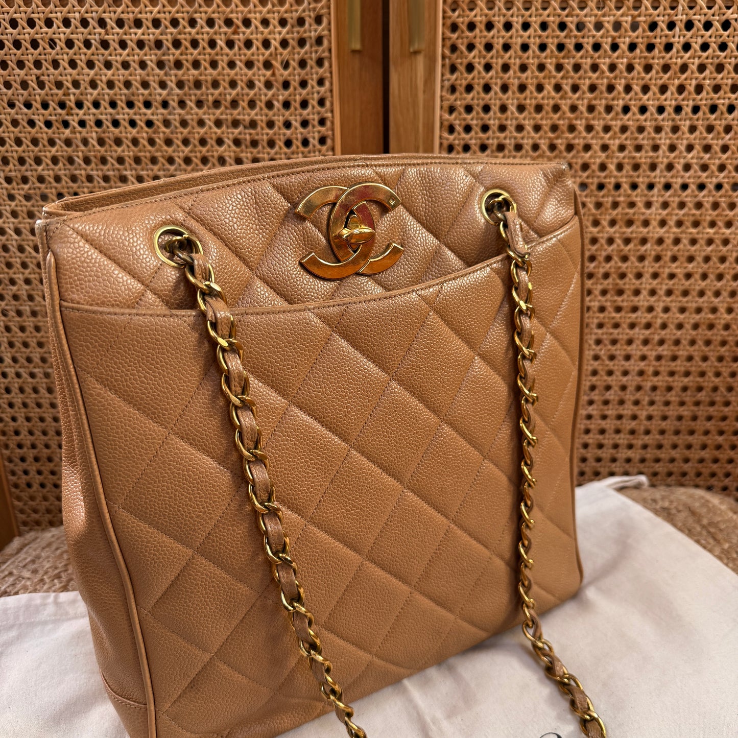 Chanel 1996 Dark Beige Caviar Tote with Jumbo CC Turnlock
